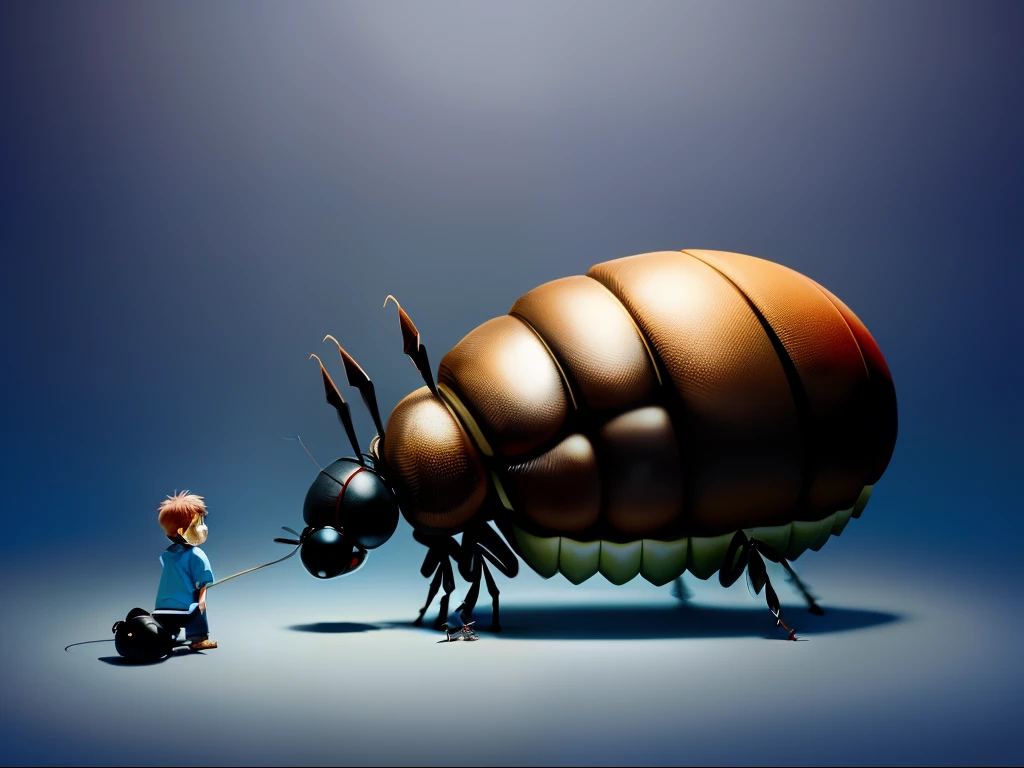 A little boy magically shrinks to a size not beyond a normal ant in front of a cockroach that seems to be enormous