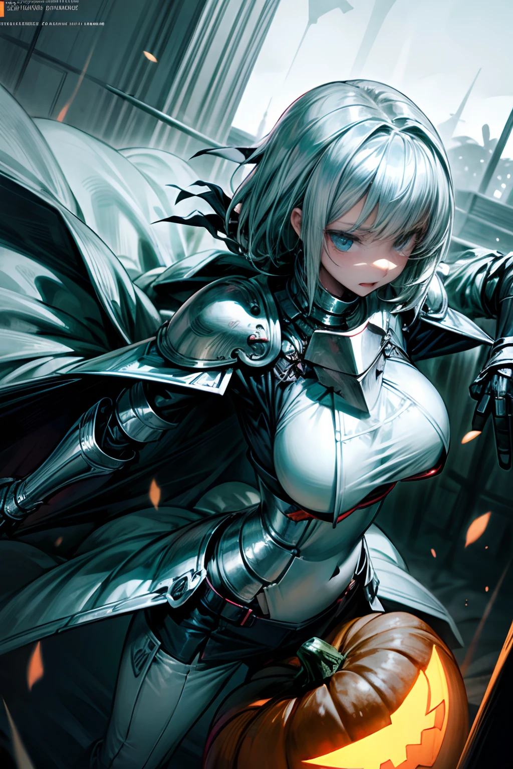 female knight wearing white full armor, Fighting Jack-o'-lantern, Field at night, fully clothed, giga_busty