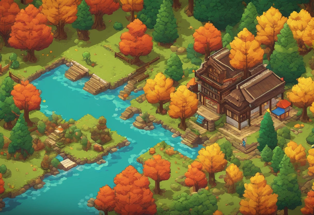 16 bit, 16-bit games, Pixel art, Japan RPG Battle Scenes, 80's games, Kaiju, the woods,Autumn landscape,Small river,