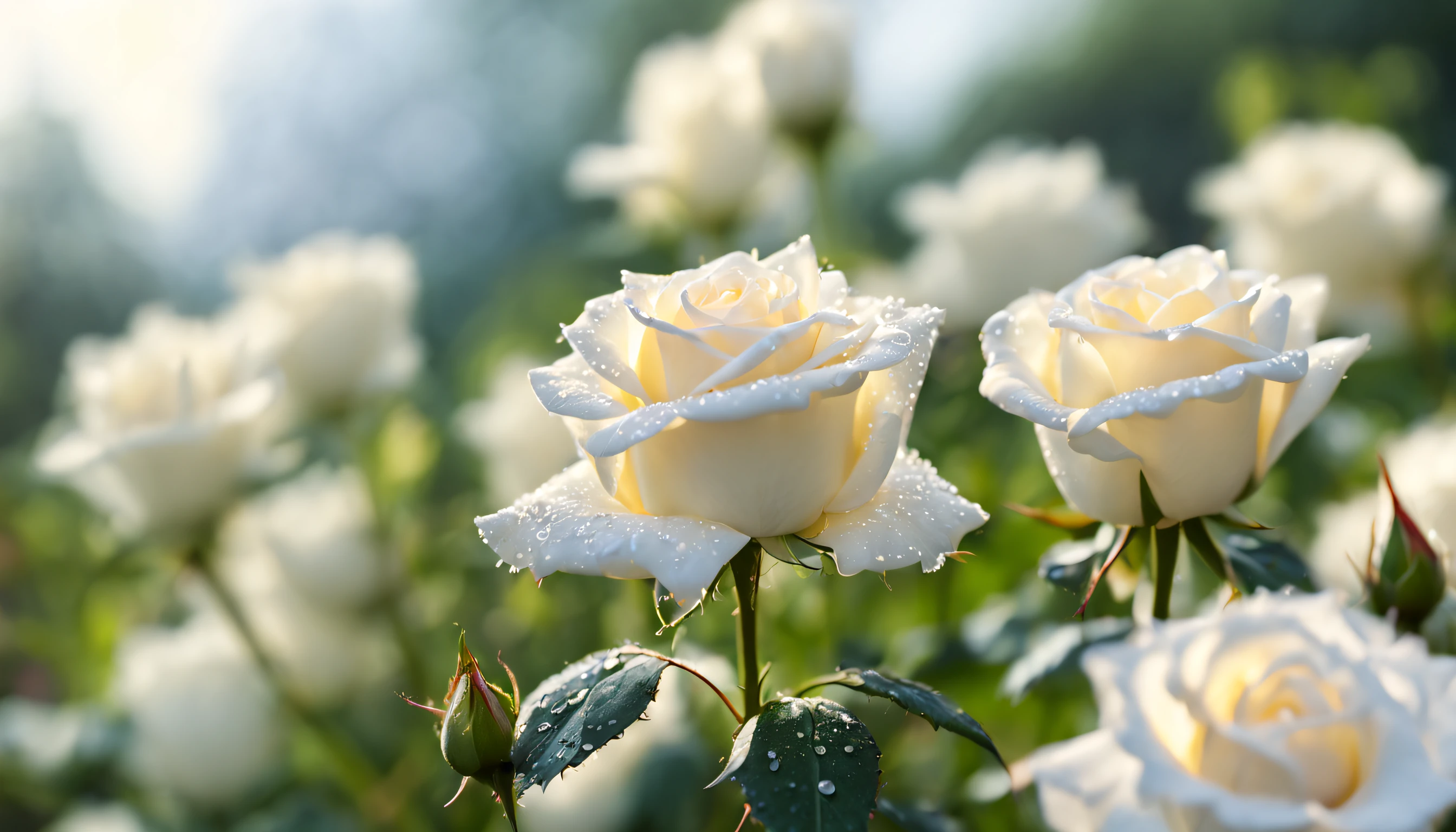 Many white color rose flowers in the garden and sunlight with bokeh, dew drops on flower petals (masterpiece, ultra quality, high resolution, 8k, intricate: 1.2), (masterpiece), (best quality:1)