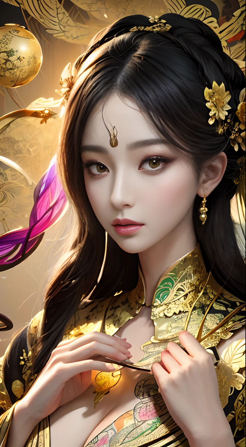 (tmasterpiece,top Quority,best qualtiy,offcial art,Beautiful and aesthetic:1.2),(1girll),Extremely detailed,Colorful,highestdetailed,offcial art,统一 8k 壁纸,ultra - detailed,Beautiful and aesthetic,big breasts beautiful,tmasterpiece,best qualtiy,(zentangle,datura,Tangles,entangled),holy rays,gold foil,Gold leaf art,glitter drawing,PerfectNwsjMajic,delicated face,Elaborate Eyes