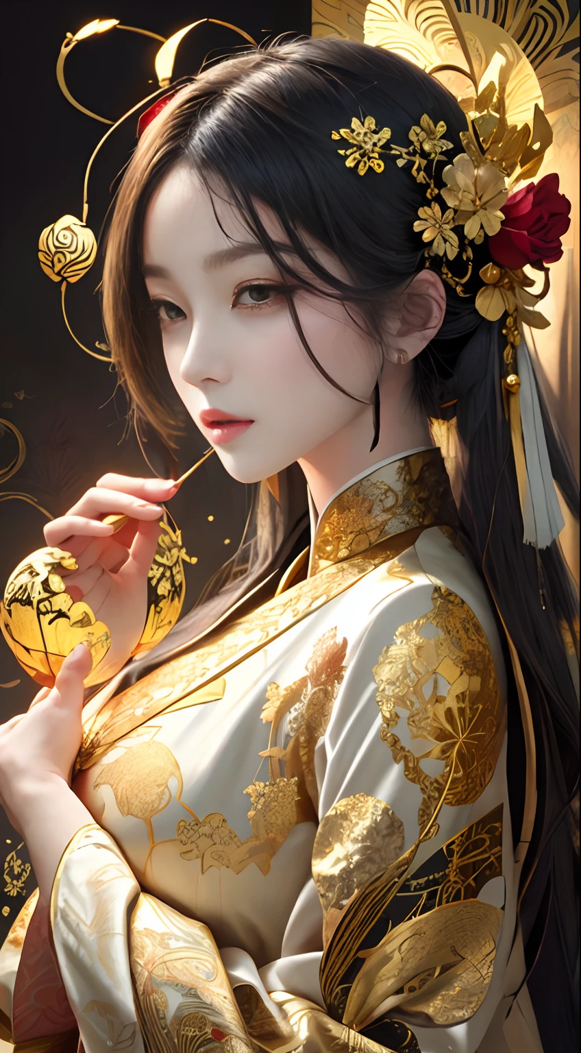 （tmasterpiece，top Quority，best qualtiy，offcial art，Beautiful and aesthetic：1.2），（1girll），Extremely detailed，Colorful，highestdetailed，offcial art，统一 8k 壁纸，ultra - detailed，Beautiful and aesthetic，big breasts beautiful，tmasterpiece，best qualtiy，（zentangle，datura，Tangles，entangled），holy rays，gold foil，Gold leaf art，glitter drawing，PerfectNwsjMajic，delicated face，Elaborate Eyes