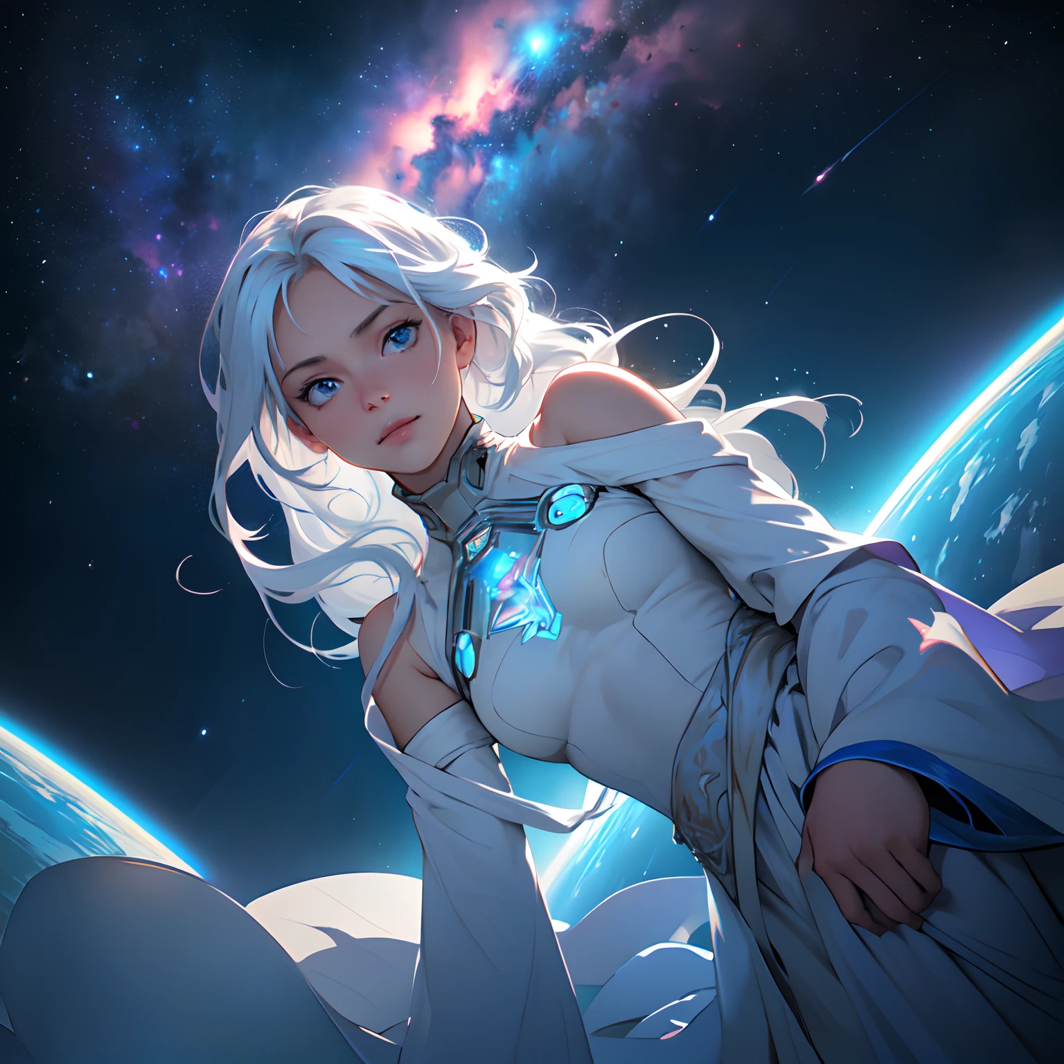 (Best Quality,hight resolution,masutepiece:1.2),Ultra-detailed,(Realistic,Photorealistic,Photorealsitic:1.37),Girl Floating in Zero Gravity Space,Blue eyes,Nebula background,dreamy ambiance,Vivid colors,Beautiful detailed eyes,Long flowing hair,floating dress,peaceful expression,Soft lighting,Faint clouds,Foggy haze,Um ser celestial,Ethereal environment,cosmic energy,magical glow,surreal landscape,airy texture,Otherworldly charm,heavenly aura,shining light,exquisitedetails,Evoke a sense of wonder