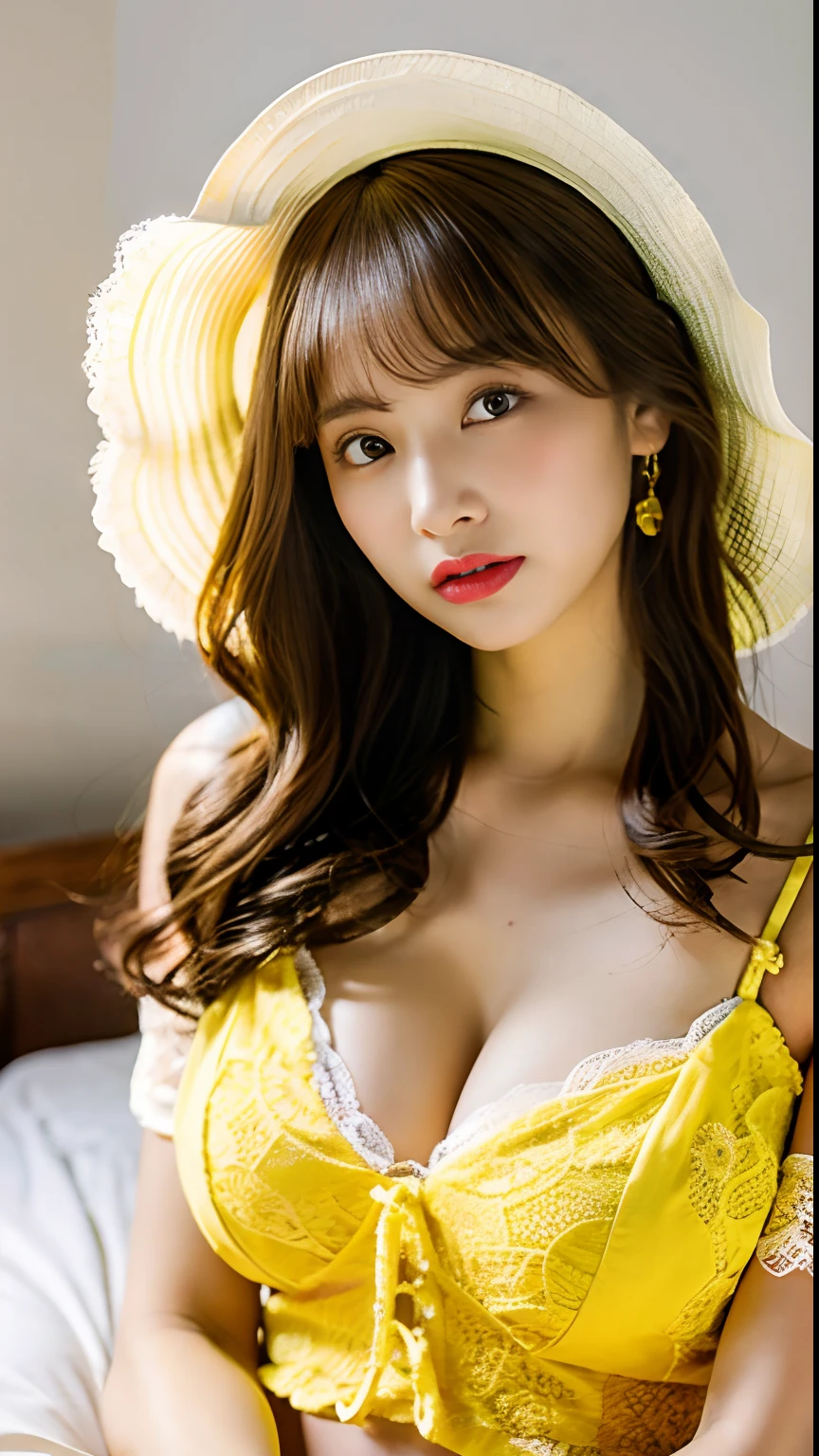 of the highest quality, One beautiful woman, Wearing yellow lace lingerie, Cowboy Shot, (White background: 1.3), Colossal tits, on the beds