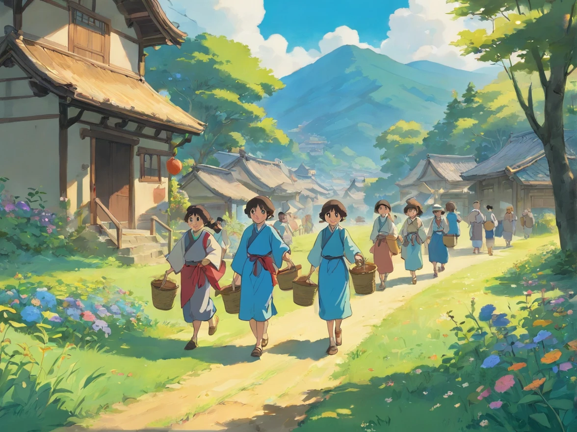 Zhuang people，group of people，Farm tools in hand，People raise bunting，The protagonist wears blue，Walk to the field to catch frogs，There are mountains，casa
