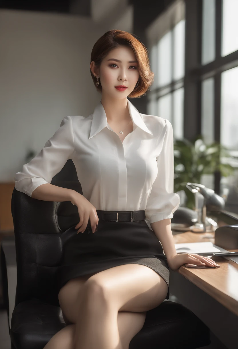 The face is :9,666349256], (Elite secretary of light underwear high society), sit on chair，working in an office、 (Wear pantyhose)、(Short Layer Hair)、Crossed legs, Wear high-end heels、 (thighhighs and skirt), Shirt secretary, merchant, Wear a shirt and skirt, Business attire, business outfit, RAW photo, (8K、top-quality、tmasterpiece:1.2)、(intricately details:1.4)、(Photorealsitic:1.4)、octane renderings、Complex 3D Rendering Ultra Detail, vibrant detail, super detailing, realistic skin textures, Detal Face, Beautiful detail eyes, Very detailed CG Unity 16k wallpaper, Make up - up, (detailedbackground:1.2), shiny skins、Bare with thighs!!!, Huge huge busty Huge huge plump muscular woman is muscular, Upturned buttocks, Big long leg 100000000000Z cupcup