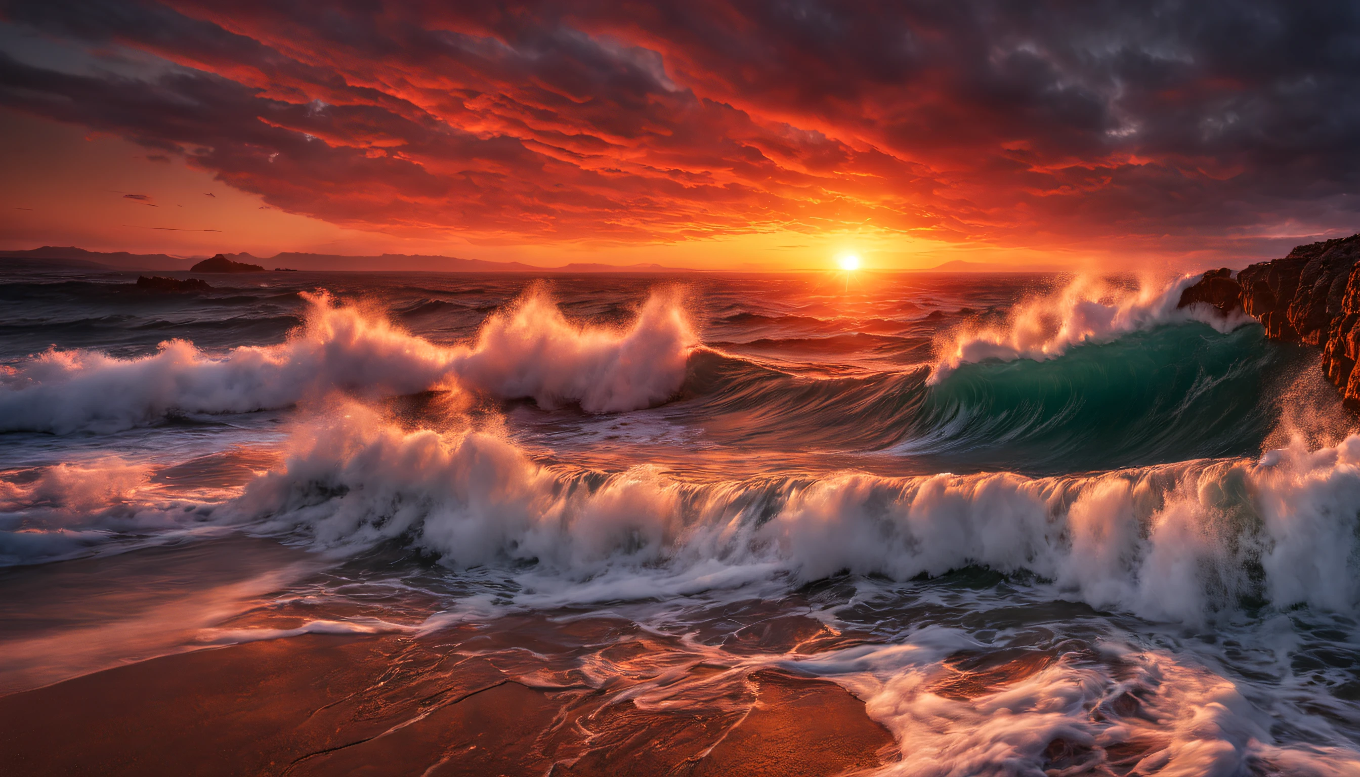 arafed view of a sunset over the ocean with waves crashing, chaotic sea setting, marc adamus, breathtaking look, epic sunset, dramatic reddish light, epic sunrise, vibrant sunrise, sunset glow, soft glow, vibrant sunset, breathtaking composition, jaw dropping beauty, by Alexander Robertson, red horizon, dramatic sunrise, breathtaking colors, dramatic sunset, seascape, red sunset