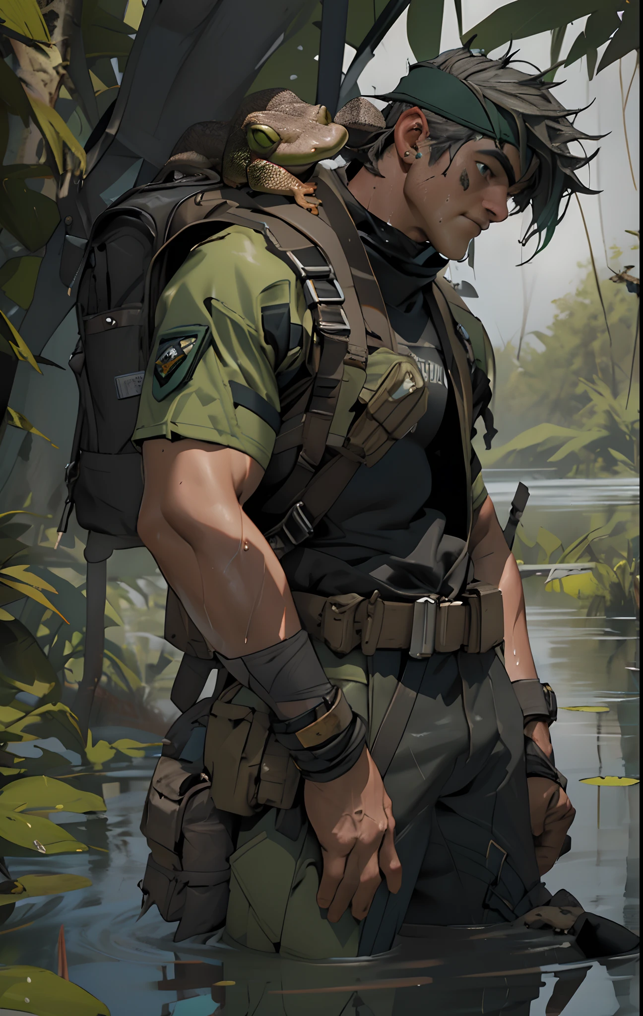 _((Cool toad in full growth)), ((Battle Toad Game)), ((Testosterone special forces warrior)), ((Waterfowl diver)),((Cheerful, strong warrior - toad)), Strong arms, broad shoulders , webbed fingers and toes. Legs are flippers. A serious opponent, armed with a tactical knife on his belt, chest pockets, diving equipment on his back. Light weapon on the belt. Green skin, blisters, pimples, green disguise. Swamp, greenery, fog, nature, pond.
Animated character, three-dimensional film, high quality skin textures, wet shine on the body. Light from the side, heroic shot. Best quality 3D animation, unreal engine, | Ultra HD | Full HD, cinematic rendering, 3D visualization - a masterpiece, TOP computer graphics ART. 8K, motion capture, skin pores, dark lighting, shading, detailed body rigging. (vivid, photorealistic, dramatic, dark, sharp focus, 8K). High detail textures, fabric, leather, metal, bone. Textures, high quality, (shades of gray, green, black elements, metallic shine), Military equipment on a loose torso, diving suit. Film grain, water, shine on the skin, humid air, the contrast of cold shadows and warm golden light. Behind the character, dark dust, a lake-swamp, whirlwinds of dead souls.