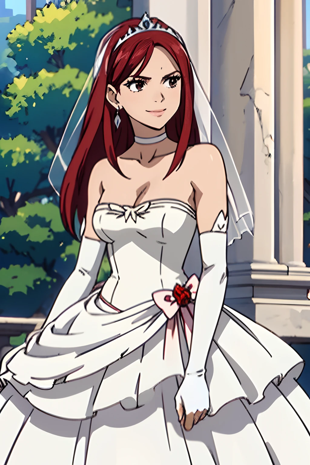 hair between eyes, ahoge, brown eyes,red hair, star \(symbol\), hair ornament, dress, cleavage, bare shoulders, collarbone, long white elbow gloves, white gloves, white dress, white choker, strapless, tiara, veil, strapless dress, wedding dress, bridal veil, beautiful woman, perfect body, perfect breasts, wearing a wedding dress, ball gown, in the park trees, wedding decorations, a in love smile, realism, masterpiece, textured skin, super detail, high detail, high quality, best quality, 1080p, 16k