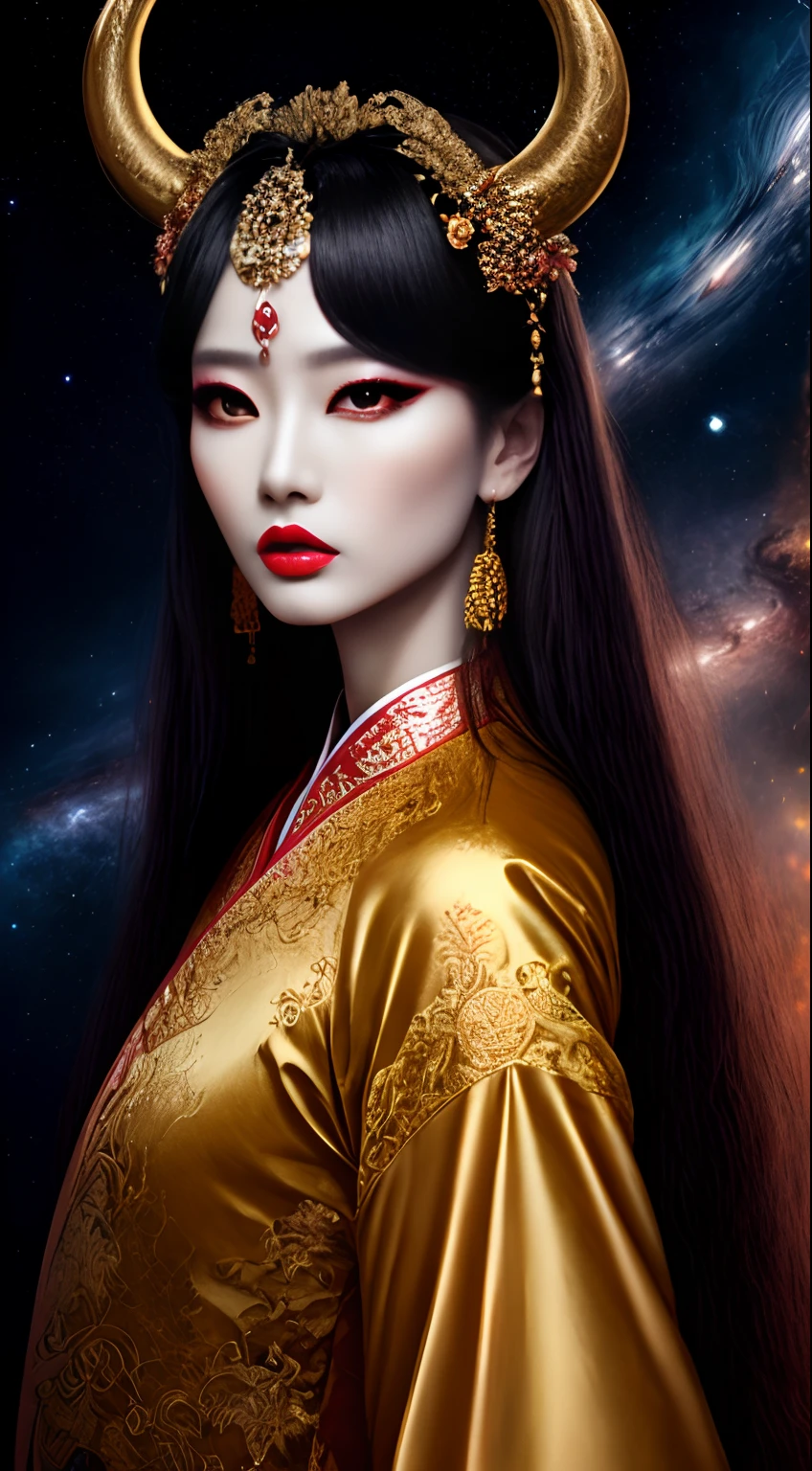 1 27-year-old girl, 1 zodiac goddess from the future, goddess of the pink and purple 12 zodiacs, the goddess of the zodiac in a yellow ao dai, a 12 zodiac ao dai with many black lace detail, mythology Goddess of the 12 zodiacs from the future, zodiac ♏, luxurious glittering zodiac style, dark and mysterious version, zodiac crown, lipstick lips red, thin and beautiful lips, mouth closed, characters made by karol bak and pino daeni, intricate detail, detailed background, extremely detailed, light magic, a woman, clear face, hair long with bangs, beautiful face in detail and well-proportioned eyes, (transparent yellow eyes: 1.8), big round eyes and very beautiful and detailed makeup, foresight, silk dress, mysterious makeup , double bangs and dyed light blonde , upper half portrait, zodiac goddess portrait, arms hanging loosely, Realistic and vivid photo, (stars make up the zodiac: 1.7), (sky background zodiac and fictitious space and time portal: 1.8), fiction art, RAW photo, hanfu picture, best photo, best photo quality, 8k quality, 8k ultra, super realistic, real photo most economical, the goddess poses sexy and seductive,