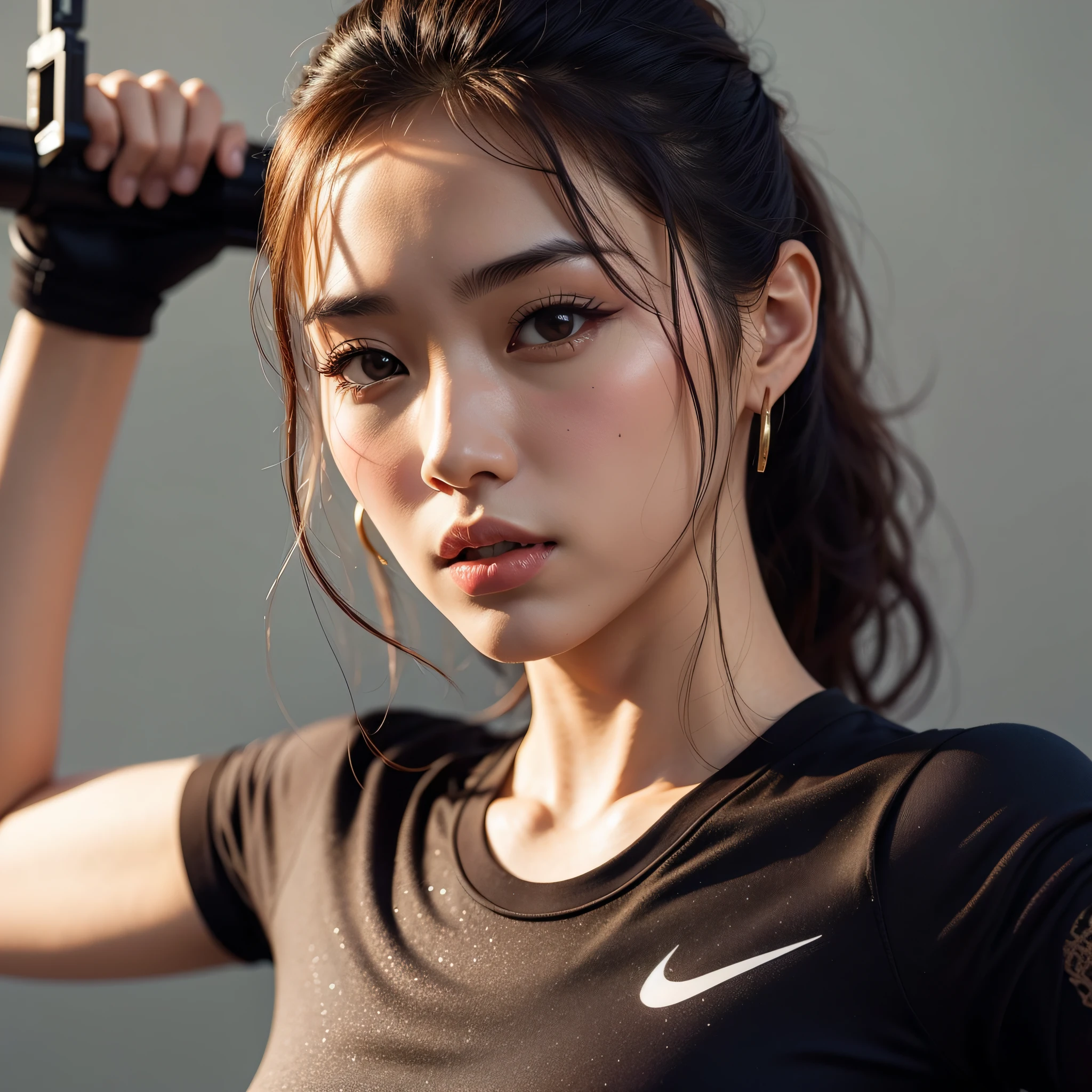 Arafed Asian Woman Holding A Gun In Her Right Hand, Foto de Slim Girl Model, deportivo, Chica en forma, Hermosa mujer surcoreana, Rostro y cuerpo atractivos, Wenfei Ye, por Yang J, japanese model, Yanjun Chengt, por Fan Qi, Modelo IG | Artgerm, su cara enrojecida y sudor, Cara sexy, Xintong Chen