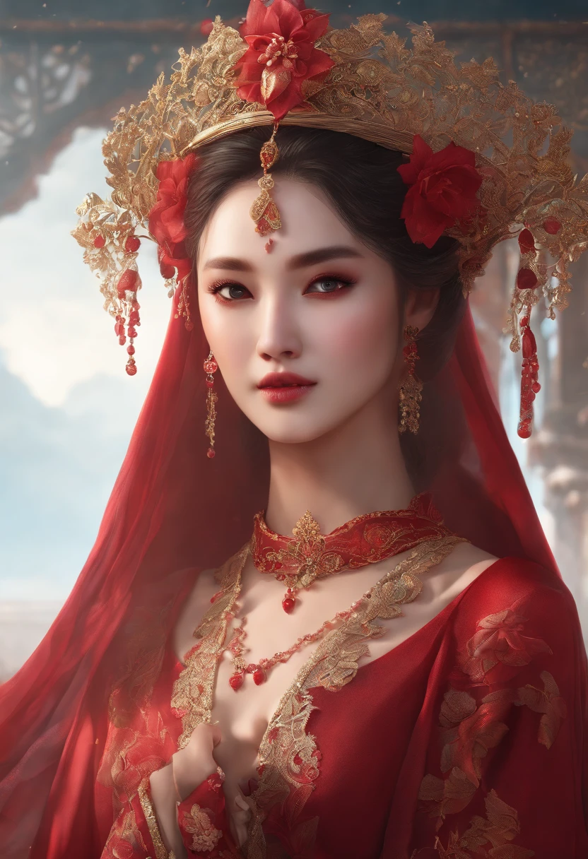 a close up of a woman in a red dress with a veil, a character portrait inspired by Lan Ying, cgsociety contest winner, Fantasy art, a beautiful fantasy empress, Palace ， A girl in Hanfu, The art in the style of Guvez,pink eyes, heart-shaped eyes