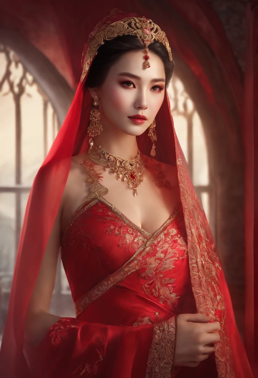 a close up of a woman in a red dress with a veil, a character portrait inspired by Lan Ying, cgsociety contest winner, Fantasy art, a beautiful fantasy empress, Palace ， A girl in Hanfu, The art in the style of Guvez,pink eyes, heart-shaped eyes