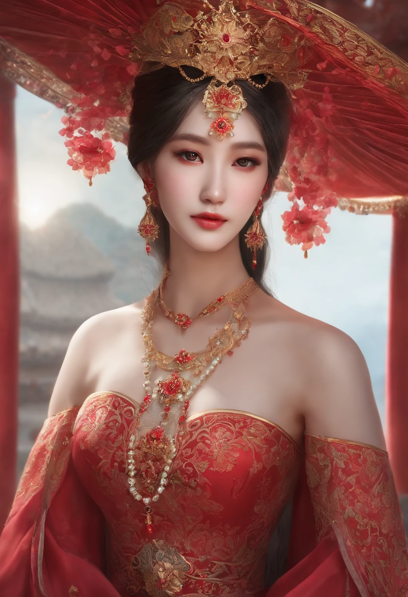 a close up of a woman in a red dress with a veil, a character portrait inspired by Lan Ying, cgsociety contest winner, Fantasy art, a beautiful fantasy empress, Palace ， A girl in Hanfu, The art in the style of Guvez,pink eyes, heart-shaped eyes