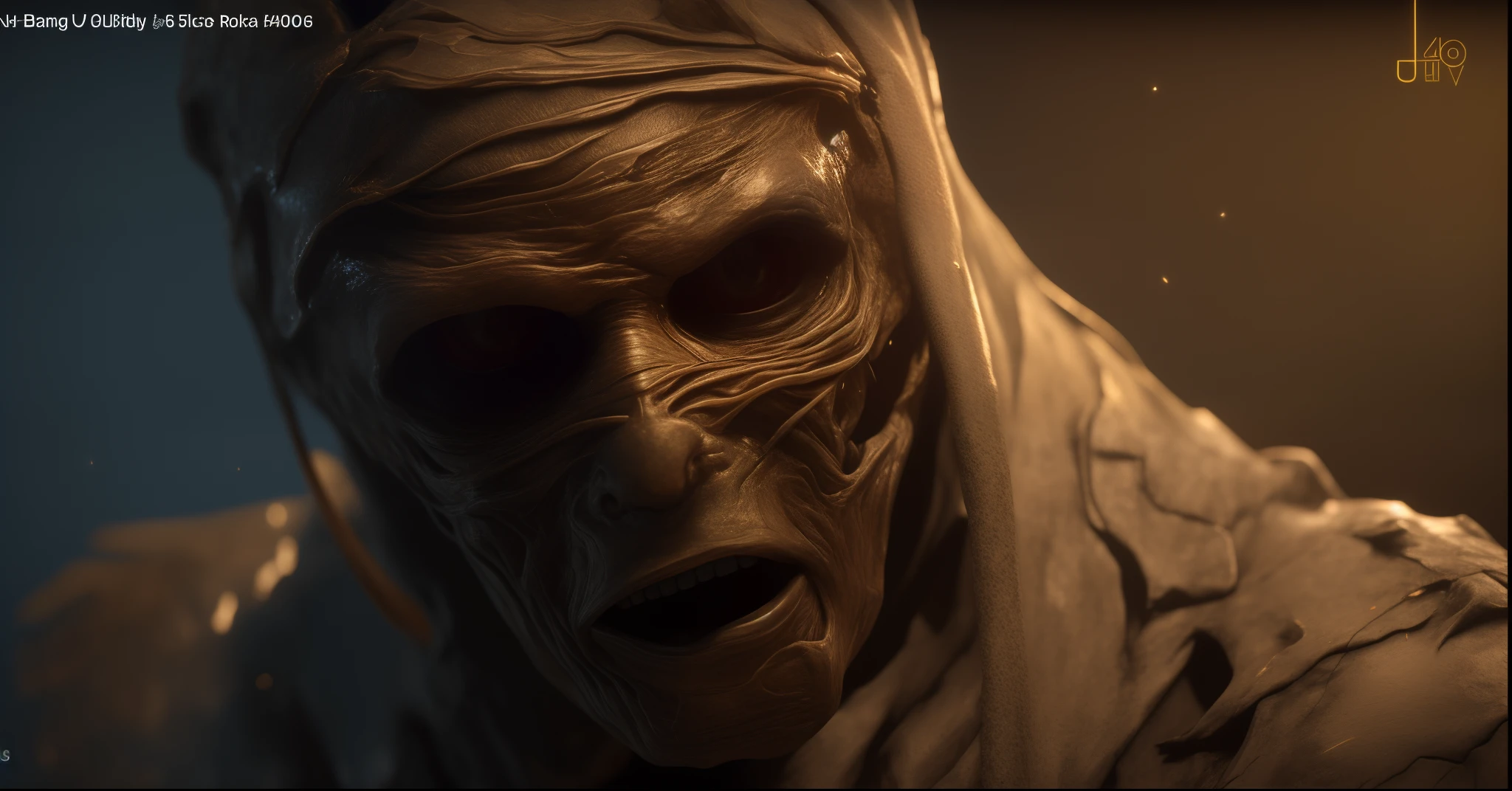 um close up de uma pessoa com um rosto assustador e um rosto assustador, mummy portrait, rosto coberto de sujeira, mumificado em bandagens, unreal engine 5 render dramatic, Unreal Engine 5 altamente renderizado, ps5 cinematic screen capture, Elden Monstro do anel, Unreal Engine 5 4 K UHD imagem, Unreal Engine 5 Technical Demo, detalhado unreal engine 5 render