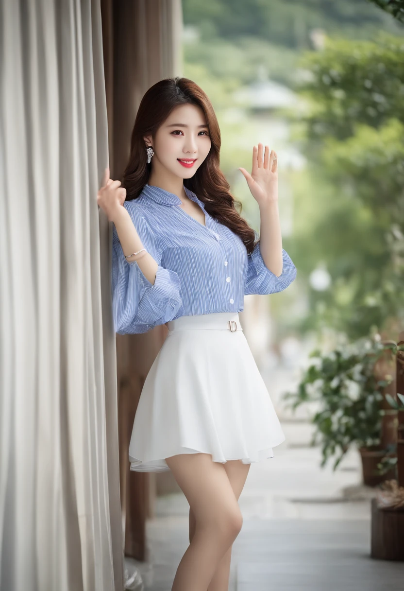 Asian woman in blue and white blouse waving, Beautiful Chinese woman, Chinese young woman, Gorgeous young Chinese woman, Korean woman, Beautiful young Chinese woman, jaeyeon nam, The face of the people is close to the people,lee ji eun, Lee Ji-eun, Choi Hyun-hwa, park jimin, hwang se - on, Korean Idol, Girl, sun yunjoo