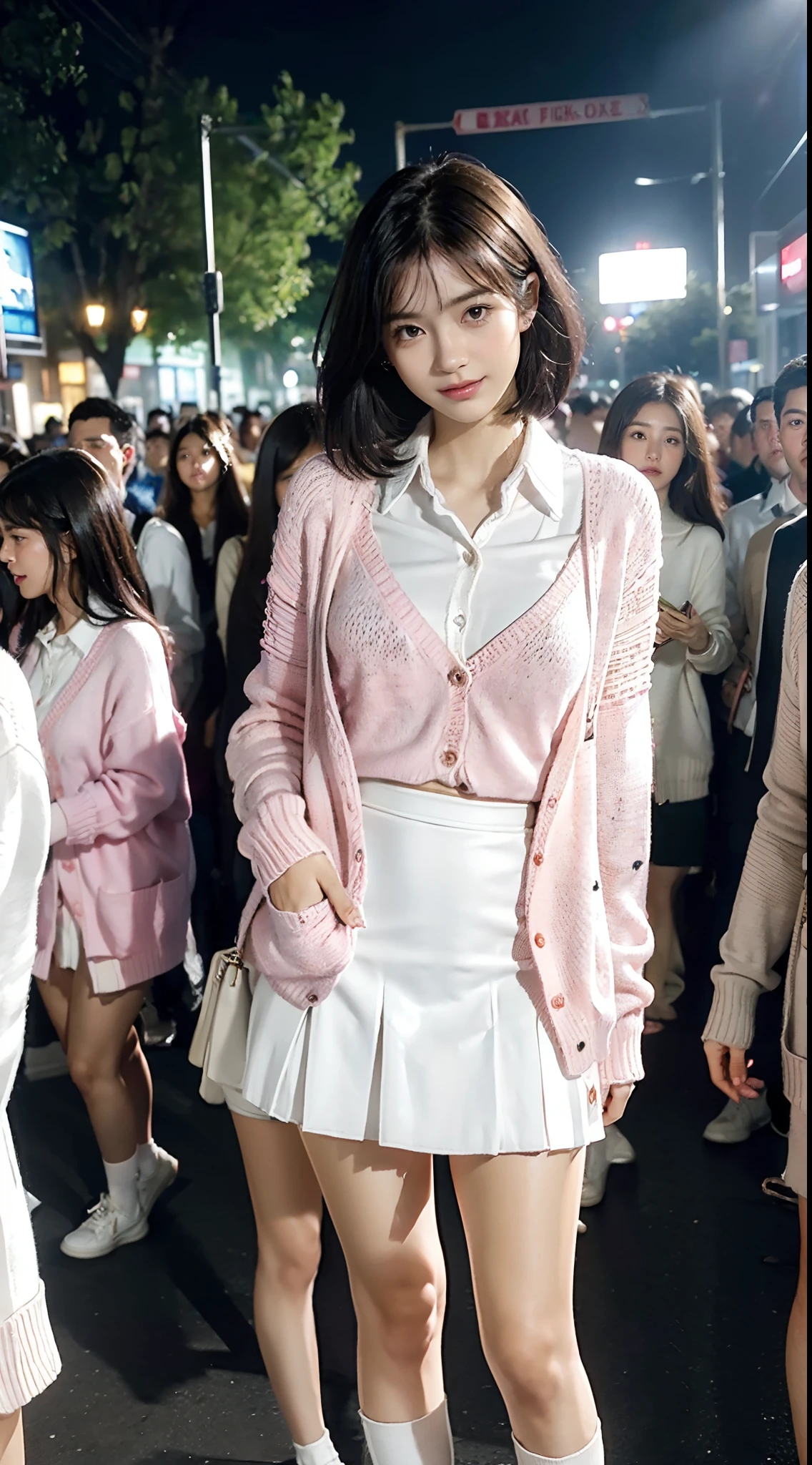 (shoulder length straight short black hair: 1.3), （Extremely meticulous CG 8k wallpaper),16k,(Extremely refined and beautiful），（Masterpiece），（best qualtiy：1.0），（Ultra High Resolution：1.0），beautiful light up，Perfect lightning，realistic shaded，[A high resolution],(Smooth and flawless fair skin:1.5),(shiny skin:1.5),Extremely exquisite facial details,(perfect body：1.1),ultra - detailed,A beautiful girl,small head,(Small breasts:1.1),Flat chests，slim，thin，Smile，cheerfulness,(Pink cardigan sweater:1.5),(white collared shirt:1.3),(white skirt:1.4),(white stockings:1.3),(white sneakers:1.2),slender legs,(nightfall:1.5),Sunset light,(Surrounded by a crowded crowd:1.5),At the school gate,standing,full body,close shot,from front,upper body