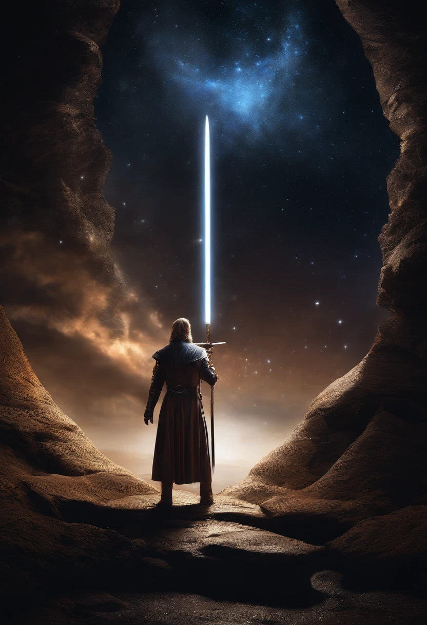 The Astral Sabre's enigmatic male master stands amid an ancient celestial chamber, a celestial sage with a shimmering cloak adorned with stardust. His ethereal presence invokes a cosmic connection that mirrors the sword's blade. When he wields the slender sword, he moves with the grace of a celestial dancer, leaving trails of radiant constellations in his wake, connecting him with the cosmos in an enigmatic display.