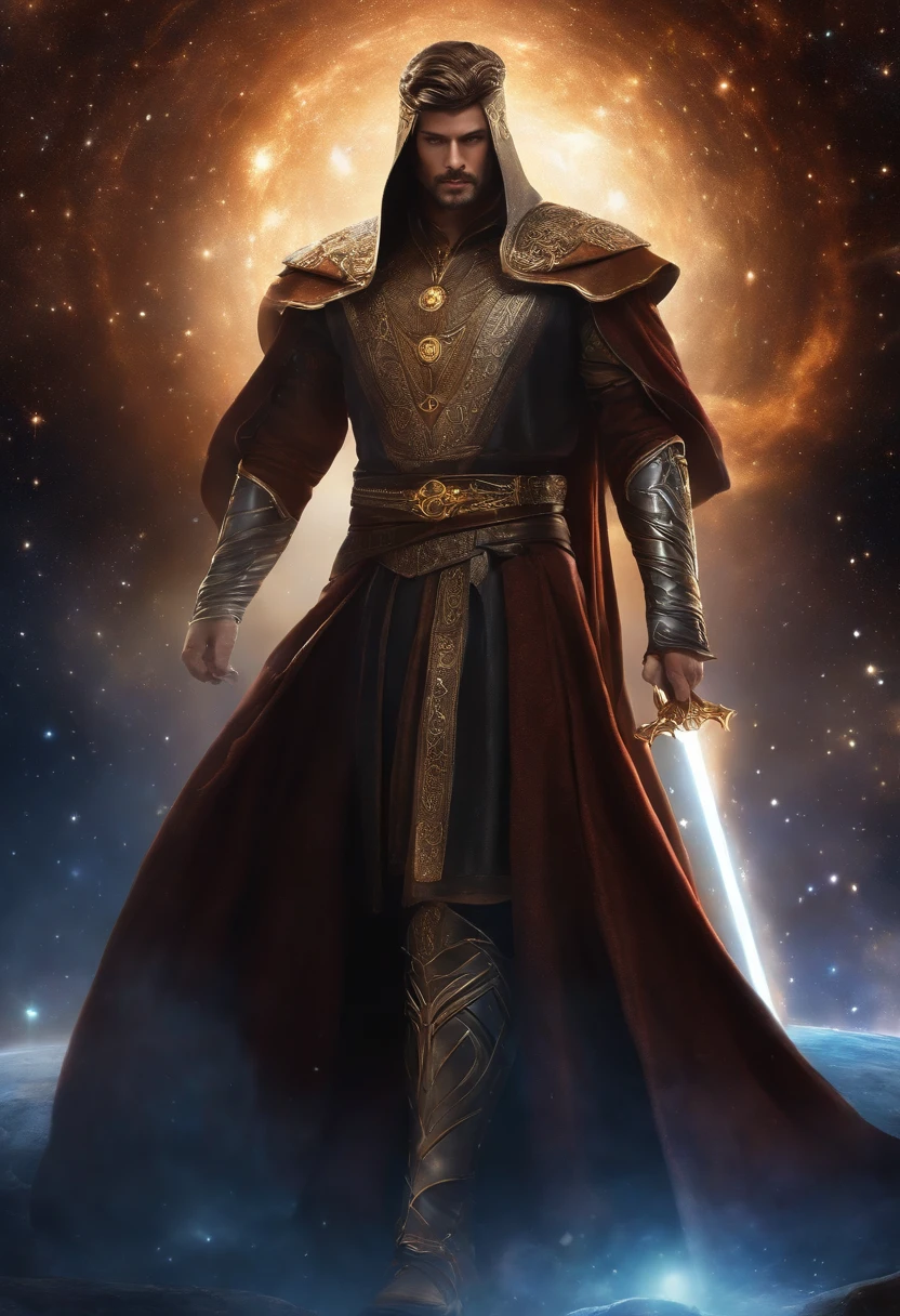 The Astral Sabre's enigmatic male master stands amid an ancient celestial chamber, a celestial sage with a shimmering cloak adorned with stardust. His ethereal presence invokes a cosmic connection that mirrors the sword's blade. When he wields the slender sword, he moves with the grace of a celestial dancer, leaving trails of radiant constellations in his wake, connecting him with the cosmos in an enigmatic display.