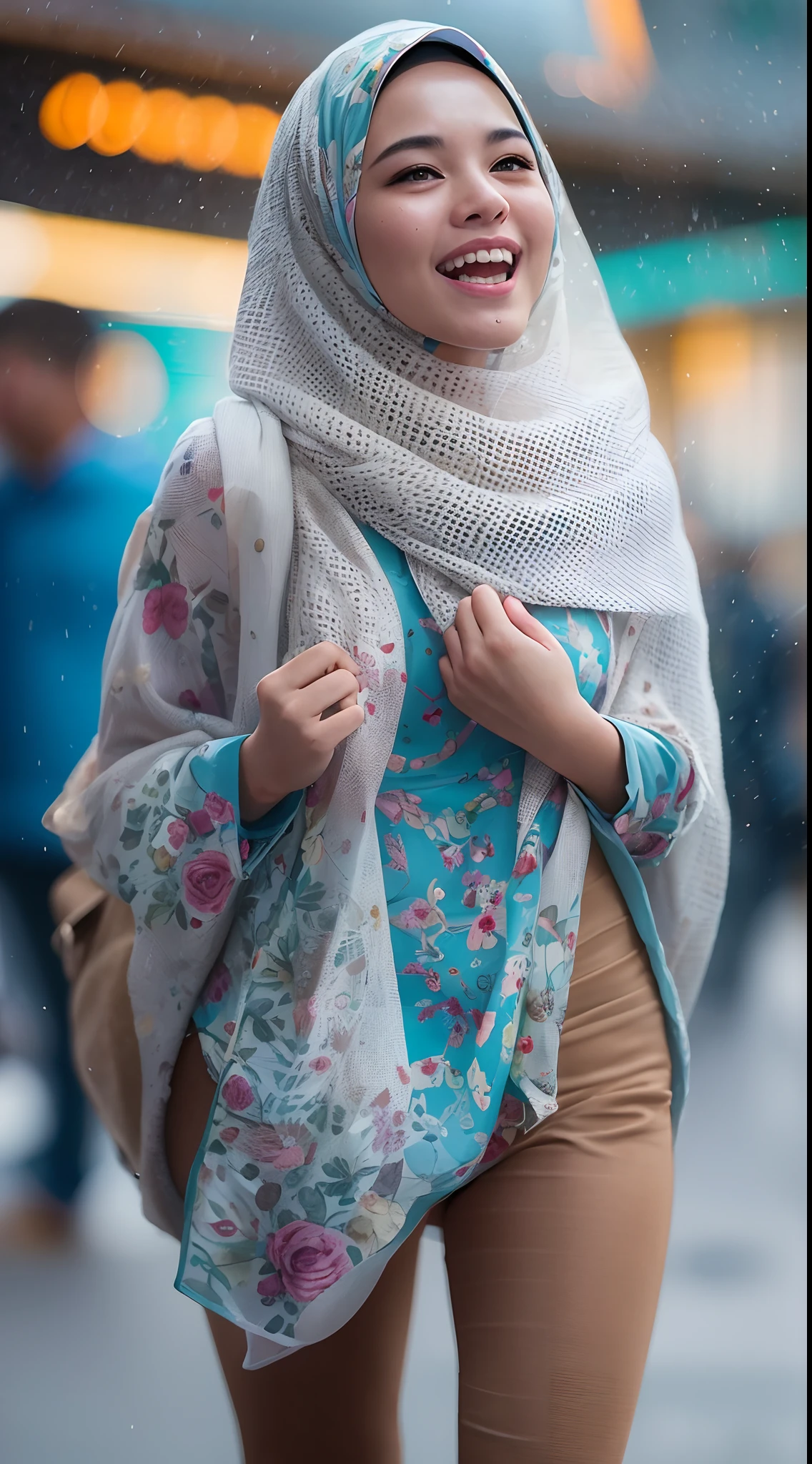 Malay girl wear white shawl hijab, wear oversize blue Floral Print small shirt and tight leggings, laughing, wear backpack, front view, hijab blown, windy, detail skin, age spot, detail skin texture, mole below eyes, small breast, flat chest, wide hips, small waists, thick thighs, slim abs, beautiful body, morning, laughing, happy, bright lighting, cyberpunk  city street in background, crowded city, blur background, bokeh, camel toe, curve back, small round ass,