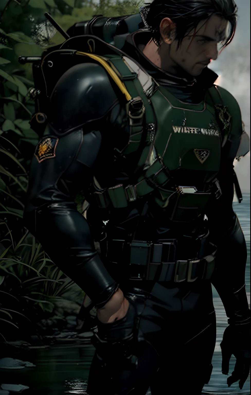 _((Cool toad in full growth)), ((Battle Toad Game)), ((Testosterone special forces warrior)), ((Waterfowl diver)),((Cheerful, strong warrior - toad)), Strong arms, broad shoulders , webbed fingers and toes. Legs are flippers. A serious opponent, armed with a tactical knife on his belt, chest pockets, diving equipment on his back. Light weapon on the belt. Green skin, blisters, pimples, green disguise. Swamp, greenery, fog, nature, pond.
  Animated character, three-dimensional film, high quality skin textures, wet shine on the body. Light from the side, heroic shot. Best quality 3D animation, unreal engine, | Ultra HD | Full HD, cinematic rendering, 3D visualization - a masterpiece, TOP computer graphics ART. 8K, motion capture, skin pores, dark lighting, shading, detailed body rigging. (vivid, photorealistic, dramatic, dark, sharp focus, 8K). High detail textures, fabric, leather, metal, bone. Textures, high quality, (shades of gray, green, black elements, metallic shine), Military equipment on a loose torso, diving suit. Film grain, water, shine on the skin, humid air, the contrast of cold shadows and warm golden light. Behind the character, dark dust, a lake-swamp, whirlwinds of dead souls.