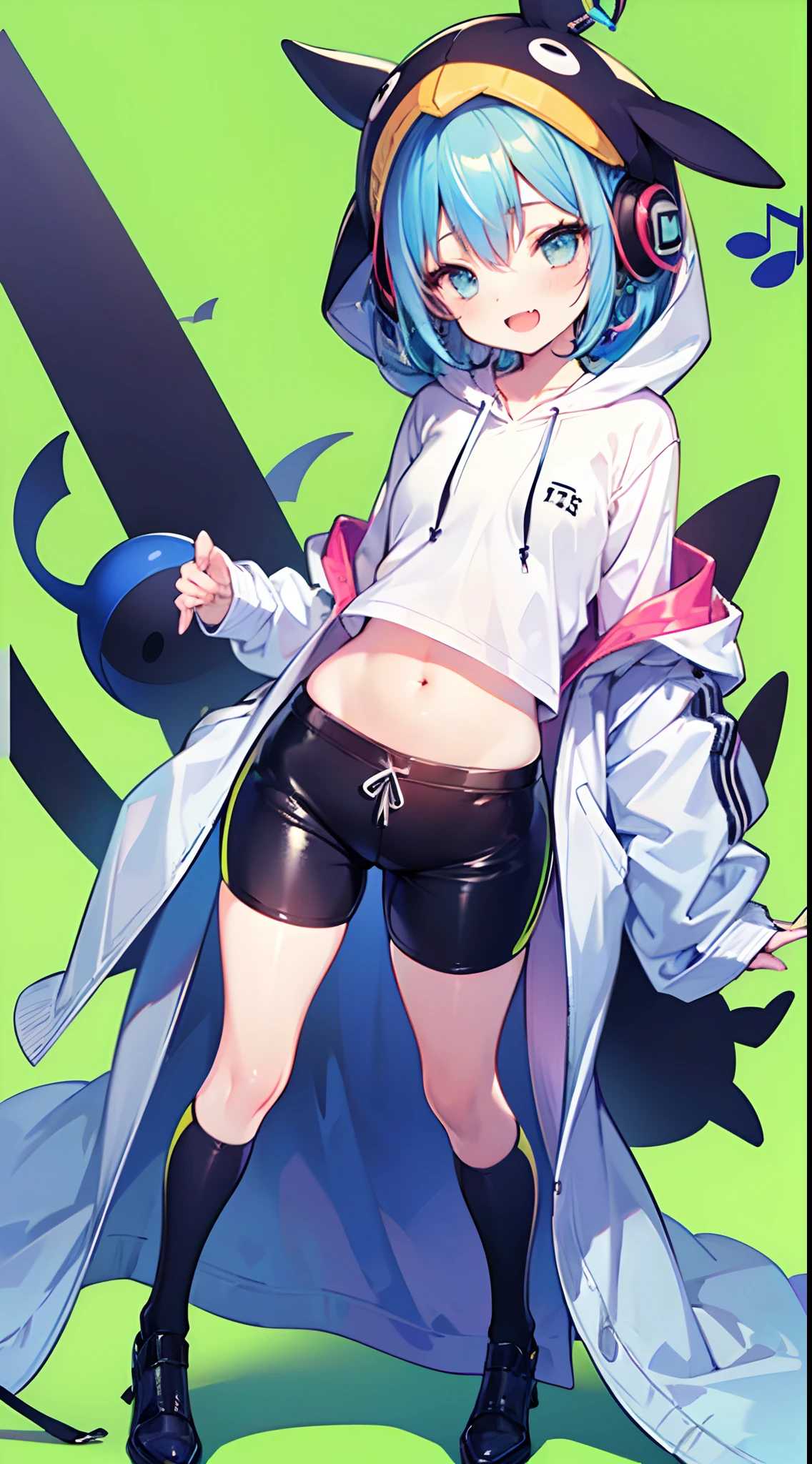 ((1girl)),(((full body))),(solo),(standing),((green background,simple background)),multi-tone hair,(((dark blue hair:1.2))),blue hair,(streaked hair,blonde streaked hair),short hair, (((small breasts))),,(((kawaii))),little girl, tall,6 years old,((Navel ,(dark skin:0.6), plump thighs, tareme, glasses, ((light smile)),open mouth slightly,fang, ((black leather short pants)),dark thigh high socks, musical note earrings,(ware over a long front-opening hoodie,ware over a penguin hoodie, take off the hood, baggy hoodie),baggy headphone,(blue t-shirt), ((((masterpiece)))), high quality, very_high_resolution, ulutra detailed, large_filesize, full color, anatomically correct