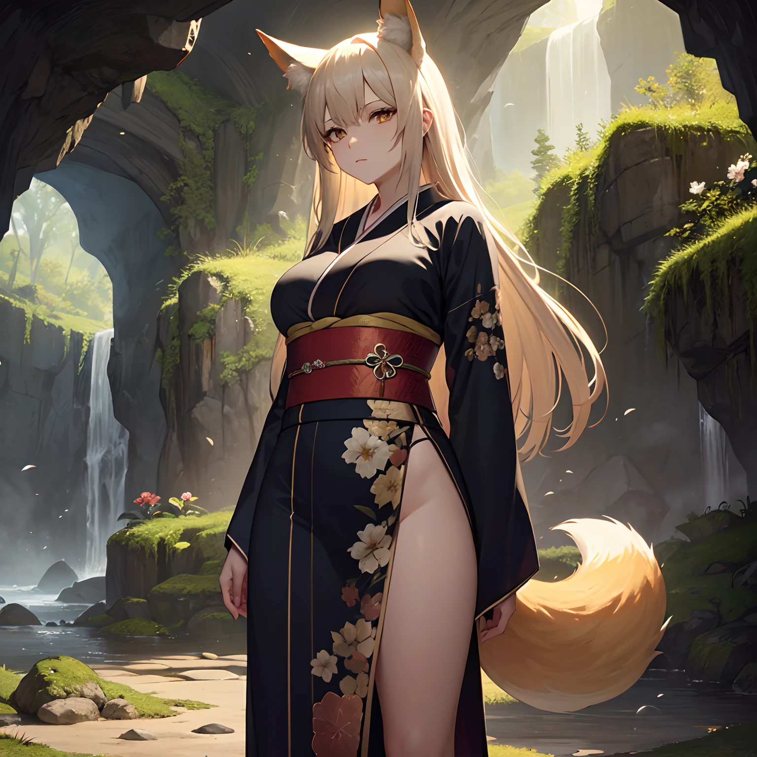 Focus on the landscape、Landscape in a cave、Golden Fox、Fox Maiden、a lot of big fox tails、Golden Eyes、length hair、Golden hair、a large amount of hair、1人の女性、adult lady、large full breasts、Thick kimono、Traditional kimono、Black kimono、Plum floral pattern、Overlapping kimonos、Groundwater veins、Stand on a path inside a cave、Cave、dark ambiance、No sunlight、Multicolored ores