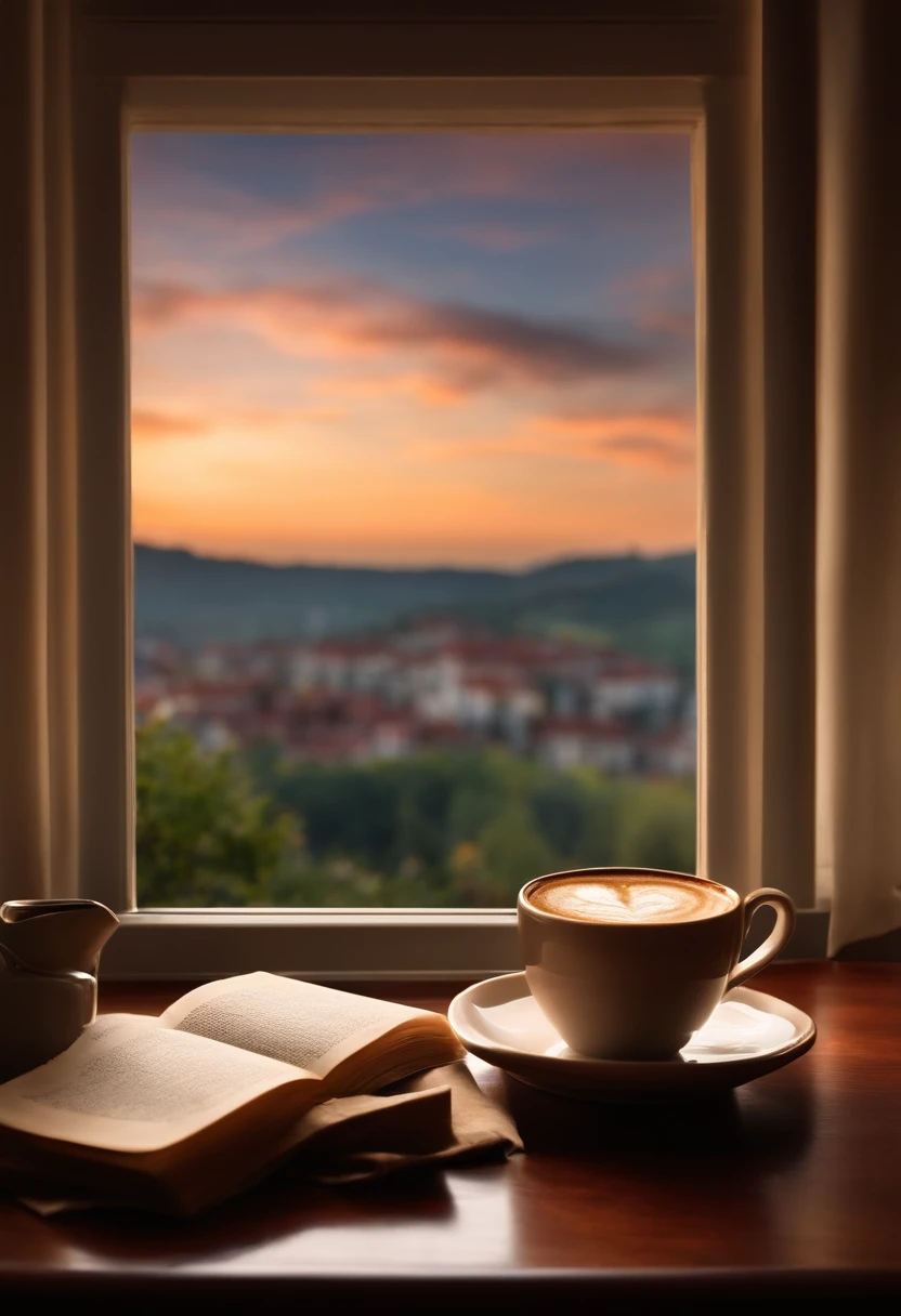 A cup of coffee with warm milk on a table inside a house with a window for a cold atmosphere outside