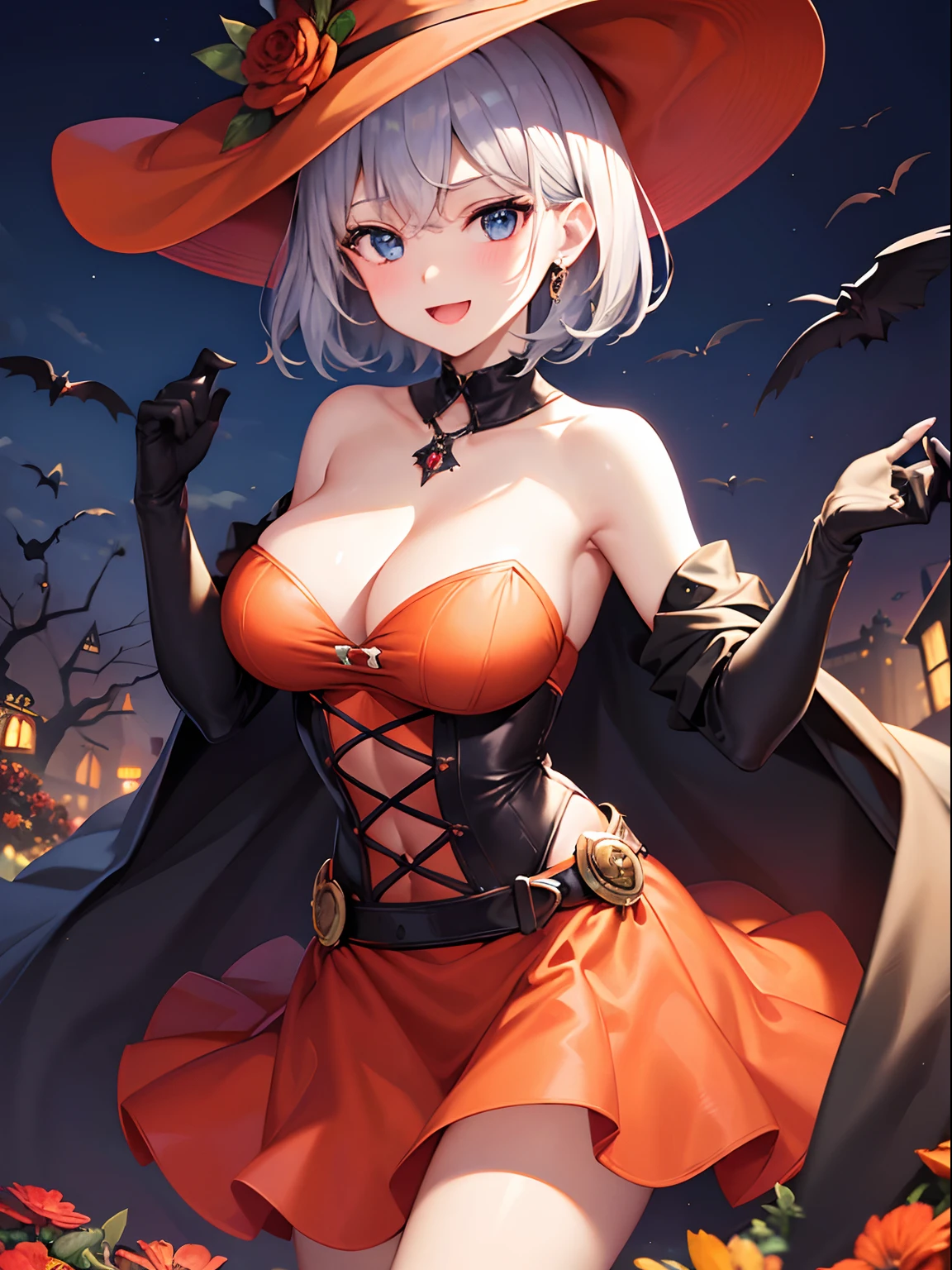 High quality, cool beauty, beauty, adult atmosphere, beautiful silver hair, short hair, bangs, Russian-style beauty, beautiful legs, tight beautiful chest, beautiful Halloween witch with pumpkin and silver hair, orange pumpkin 1 girl, chest, solo, gloves, hat, black gloves, silver hair, Jack O' Lantern, smile, witch's hat, watch viewers, dress, hold, cleavage, Halloween, pumpkin, :d, red dress, elbow gloves, light blue eyes, open mouth, cape, outdoor, sky, flowers