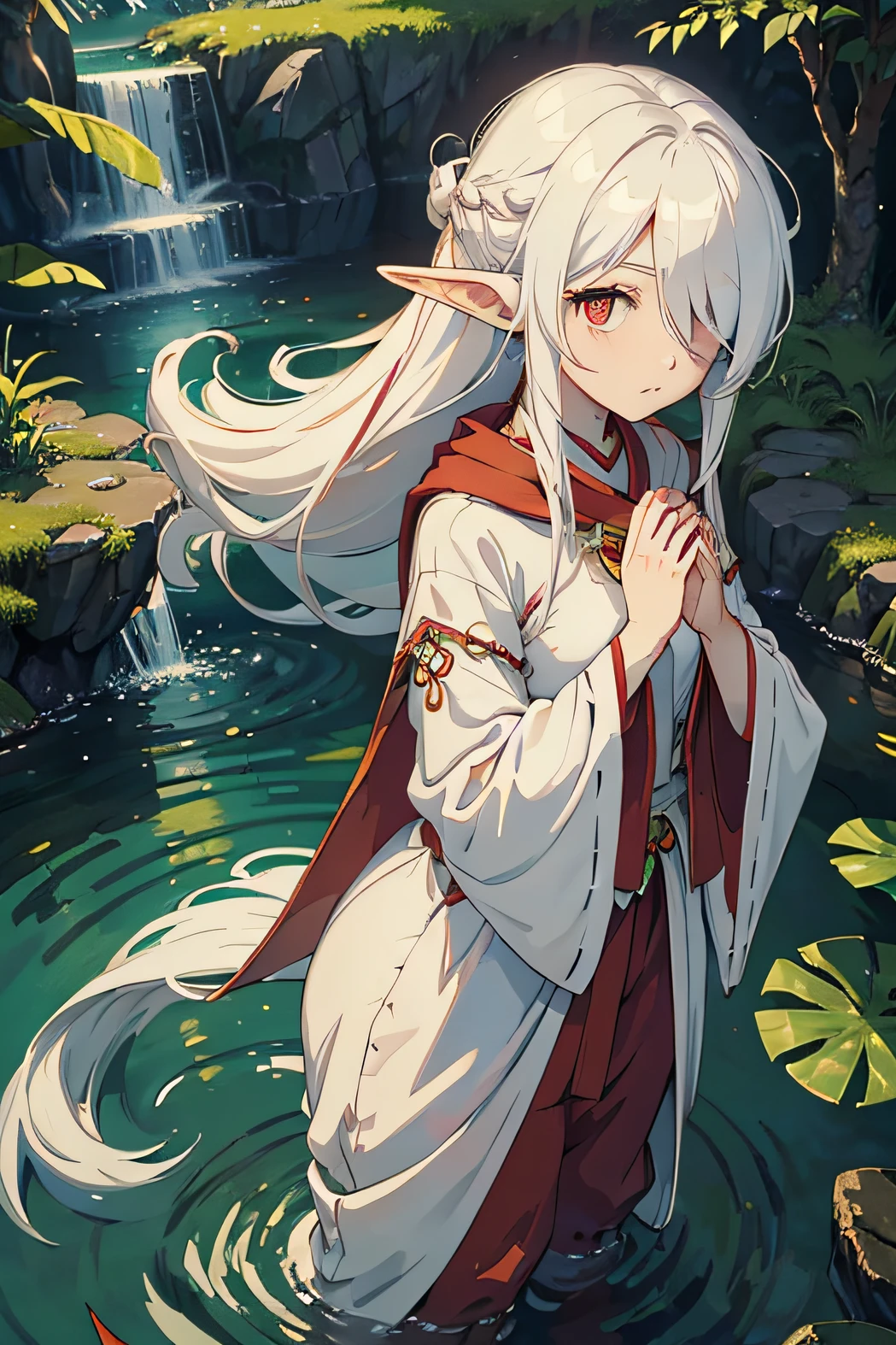 (masterpiece), elf ears, 1 young girl, high quality, red eyes, (hair over one eye, long, white hair), shy ,((fantasy green druid outfit)), druid long pants, Koi carps floating around, standing, plain background, (((hair over one eye))), praying hands