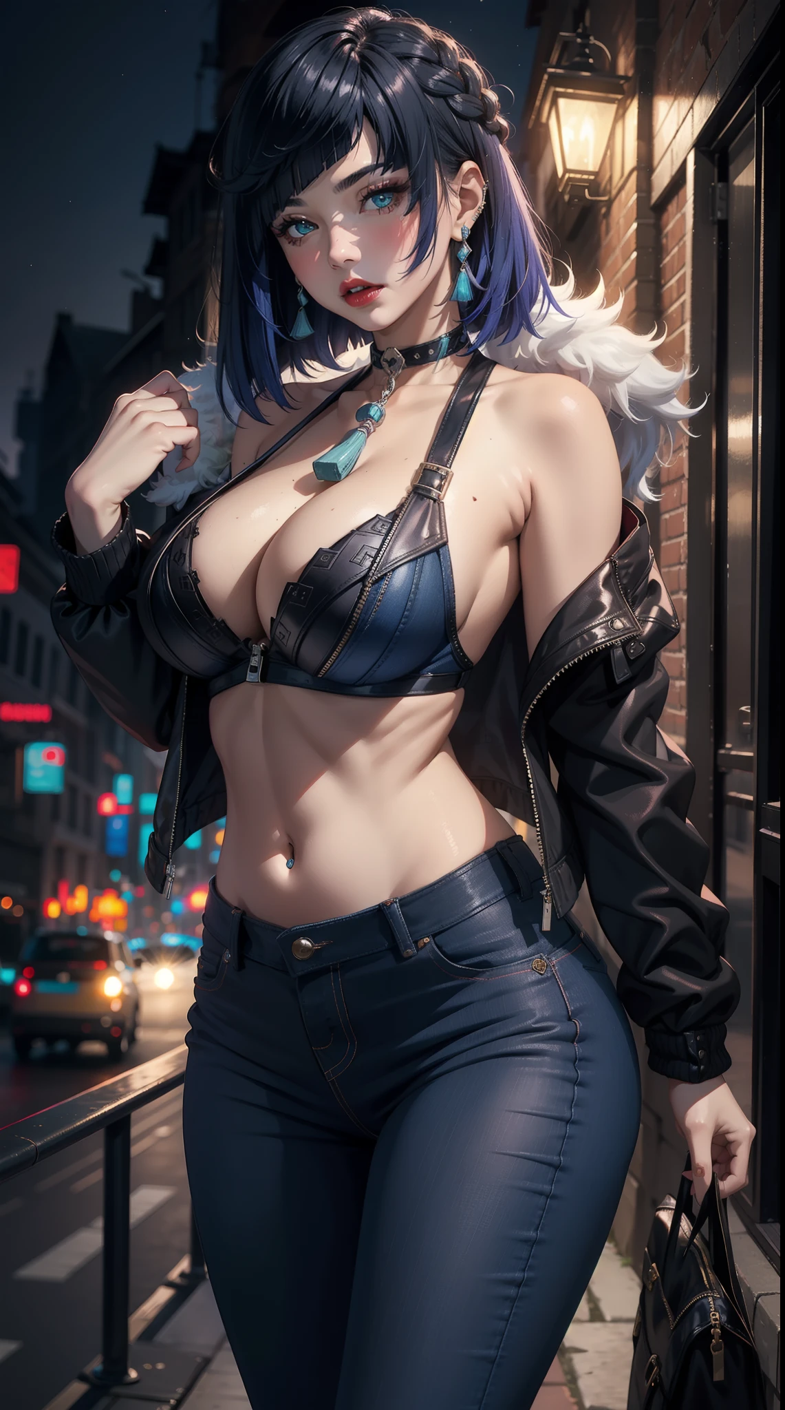 1female, (night), blush, large breasts, erotic pose, red lip, pretty face, elegant, masterpiece, ultra detail, choker, jewellery, eyeliner, (outdoors),unzip jacket, long jeans, navel, cleavage
