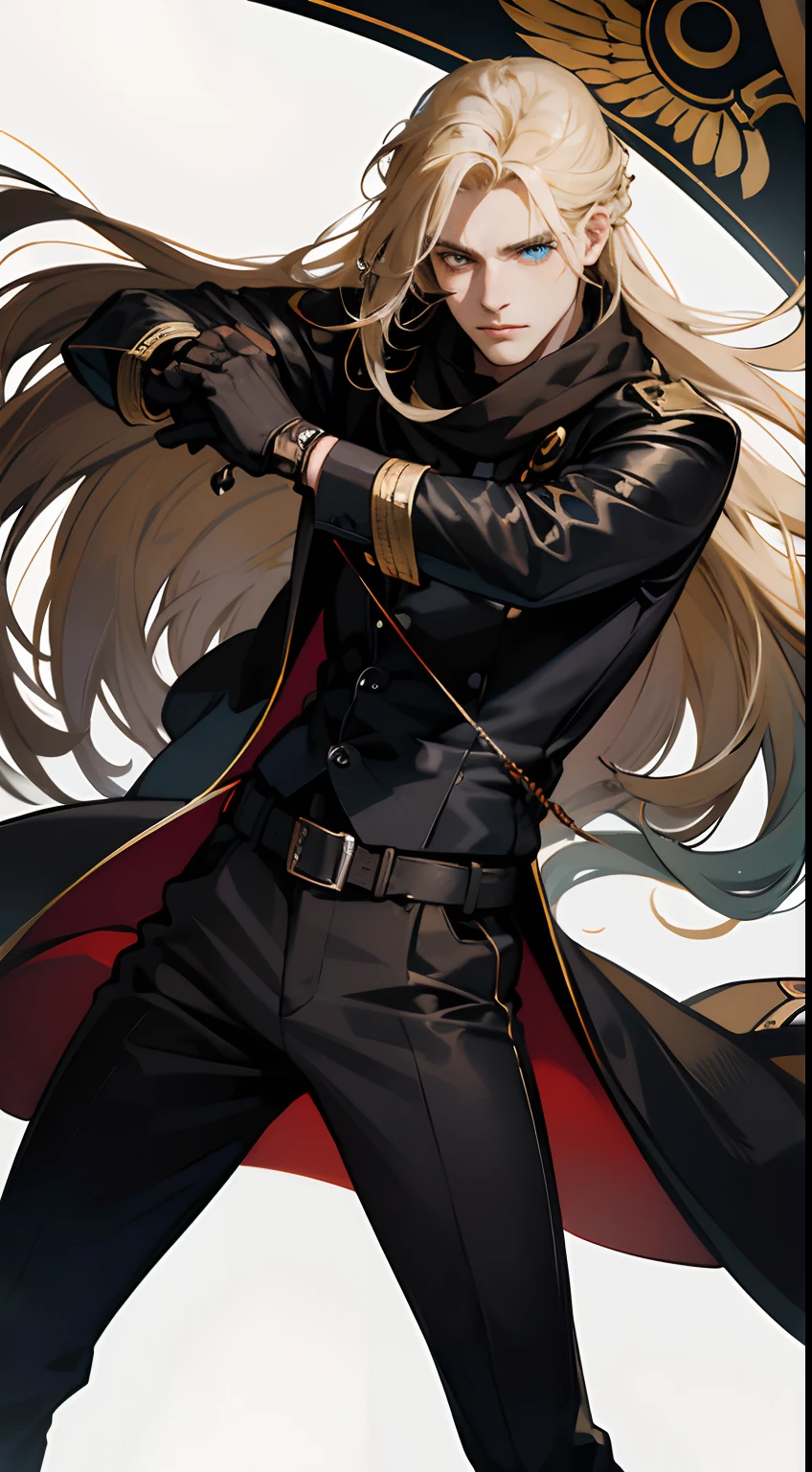 Man with long blonde hair, Heterochromia, The left eye is brown, Right: Blue, long leather coat, black undershirt, Archery gloves, fighter, black pant, Scarf depicting snakes and owls
