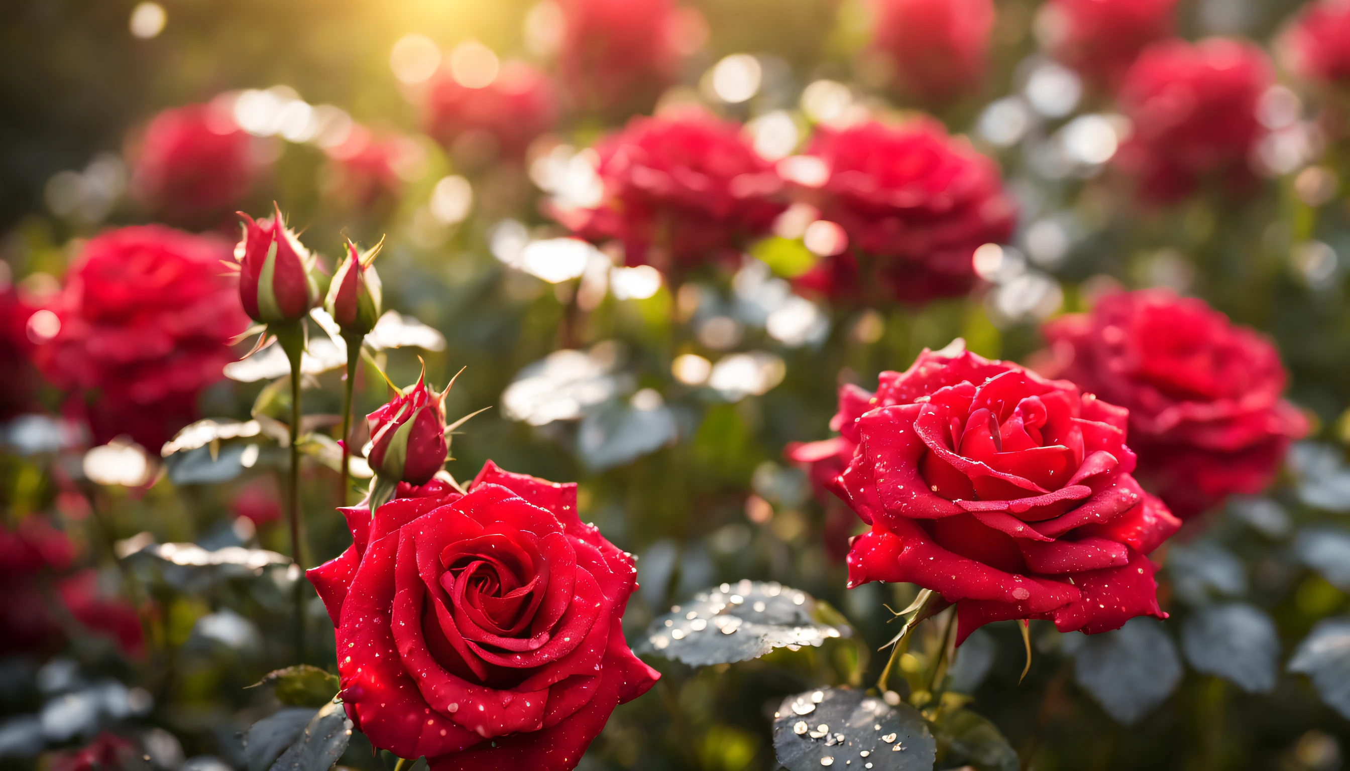 Many red color rose flowers in the garden and sunlight with bokeh, dew drops on flower petals (masterpiece, ultra quality, high resolution, 8k, intricate: 1.2), (masterpiece), (best quality:1)