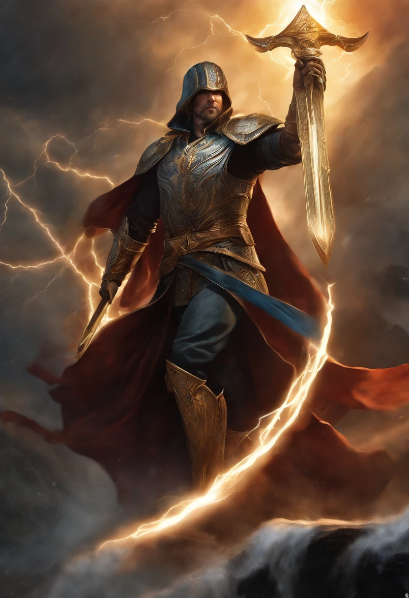 The enigmatic male wielder of the Thunderstrike Broadsword is a tempest-tamer, robed in storm-gray attire, his presence commanding the elements. His connection with the sword invokes the power of thunderstorms, mirroring his own tempestuous countenance. As he wields the colossal greatsword, echoing thunder and lightning accompany his every movement, captivating observers with the awe-inspiring force of his tempest.