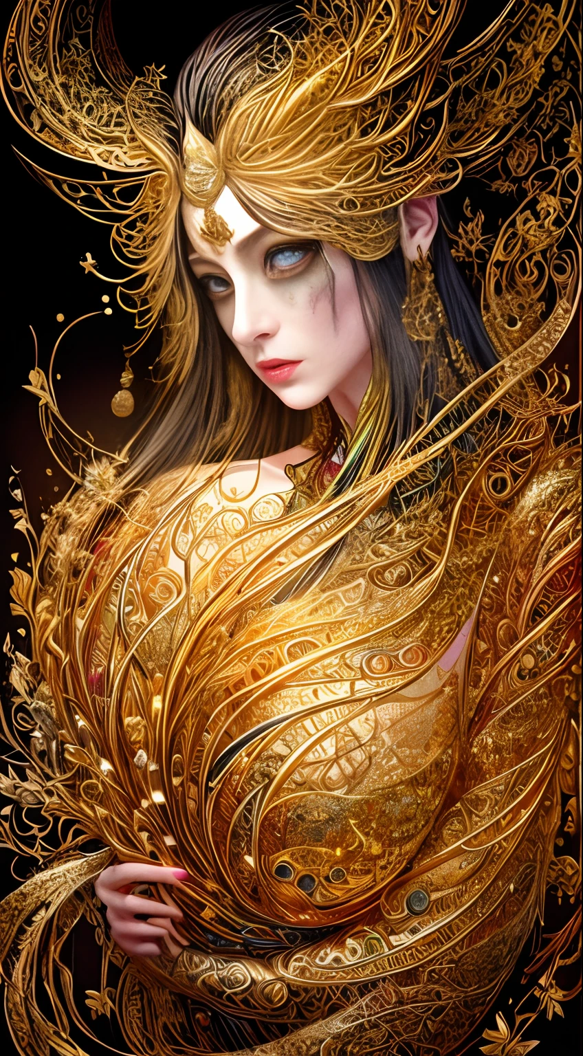 （tmasterpiece，top Quority，best qualtiy，offcial art，Beautiful and aesthetic：1.2），（1girll），Extremely detailed，Colorful，highestdetailed，offcial art，统一 8k 壁纸，ultra - detailed，Beautiful and aesthetic，big breasts beautiful，tmasterpiece，best qualtiy，（zentangle，datura，Tangles，entangled），holy rays，gold foil，Gold leaf art，glitter drawing，PerfectNwsjMajic，delicated face，Elaborate Eyes