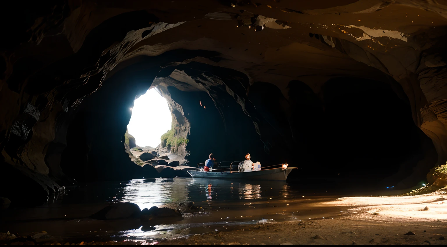 Create a calm scenery in a cave, na cachoeira, e um barco