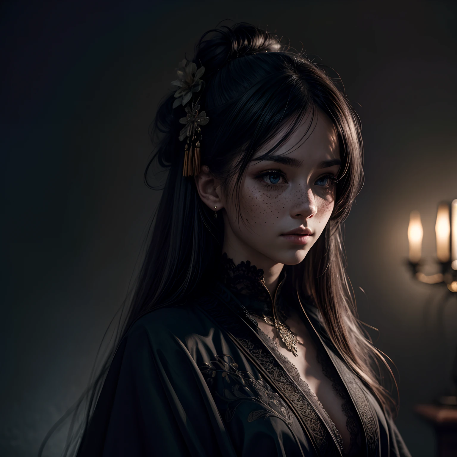 Official Art, Unity 8k wallpaper, super detailed, beautiful, beautiful girl, focused on detailed face, has a few freckles, wearing black clothing, masterpiece, best quality, dark, atmospheric, mystical, romantic, creepy, literature, art, fashion, show era, decoration, intricacies, fur products, lace, contemplation, emotional depth, supernatural, kimono 1girl, solo, neck, bust composition, Realistic, bokeh, lens_flare,Natural light,portrait,Grey Film filter,(KODAK Ektar 100:1.2)
