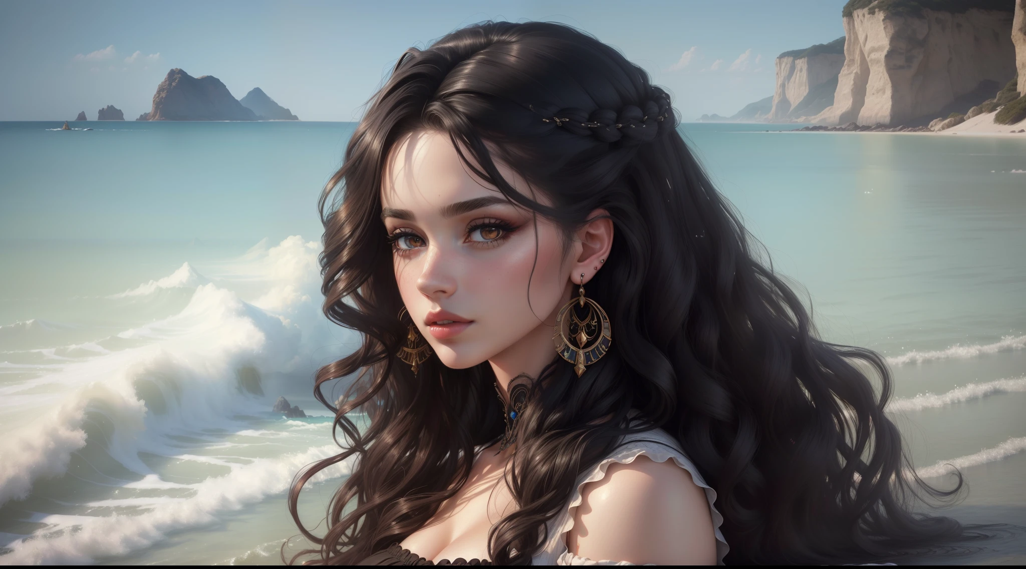 (best quality,4k,8k,highres,masterpiece:1.2),ultra-detailed,(realistic,photorealistic,photo-realistic:1.37),DigiArt Style,looking at viewer,full body,digital art,1girl,solo,long curly hair,black hair,azur eyes,earrings,full lips,eyelashes,makeup, wizard