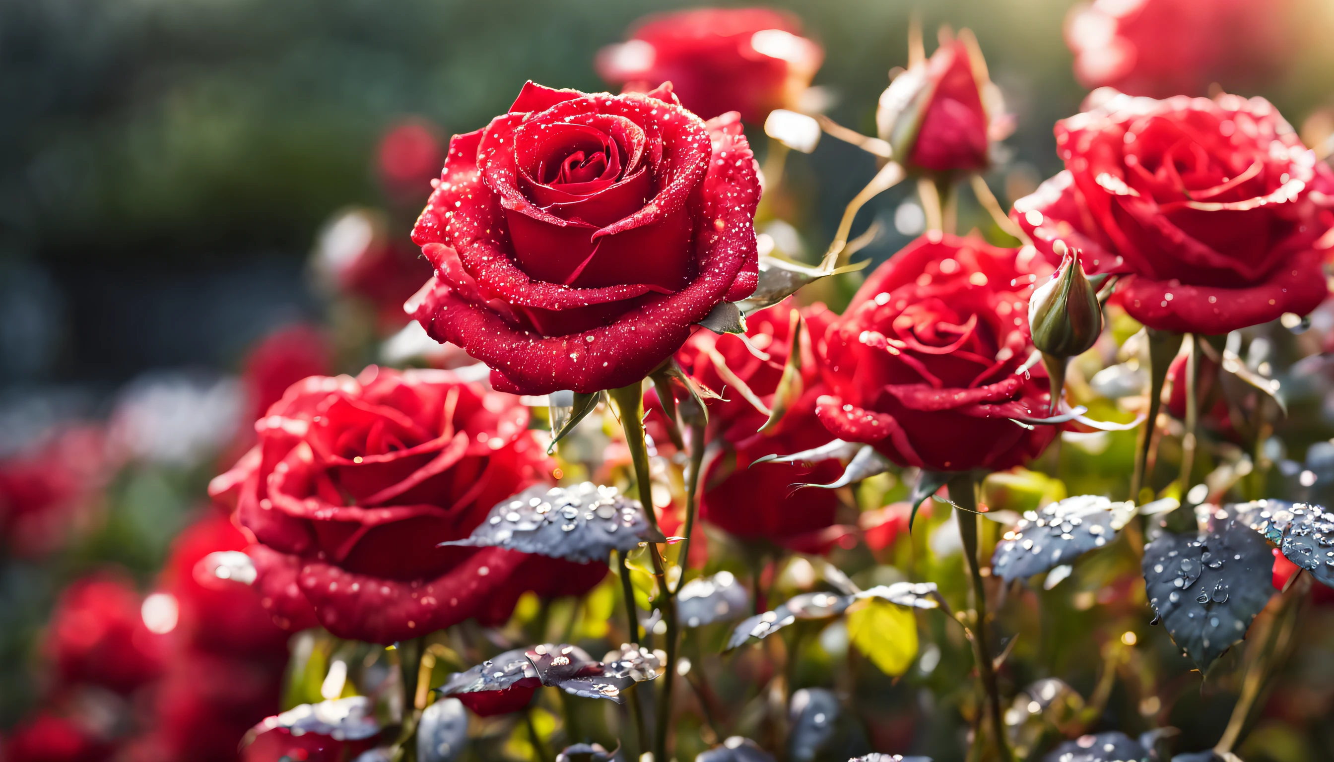 Many red color rose flowers in the garden and sunlight with bokeh, dew drops on flower petals (masterpiece, ultra quality, high resolution, 8k, intricate: 1.2), (masterpiece), (best quality:1)