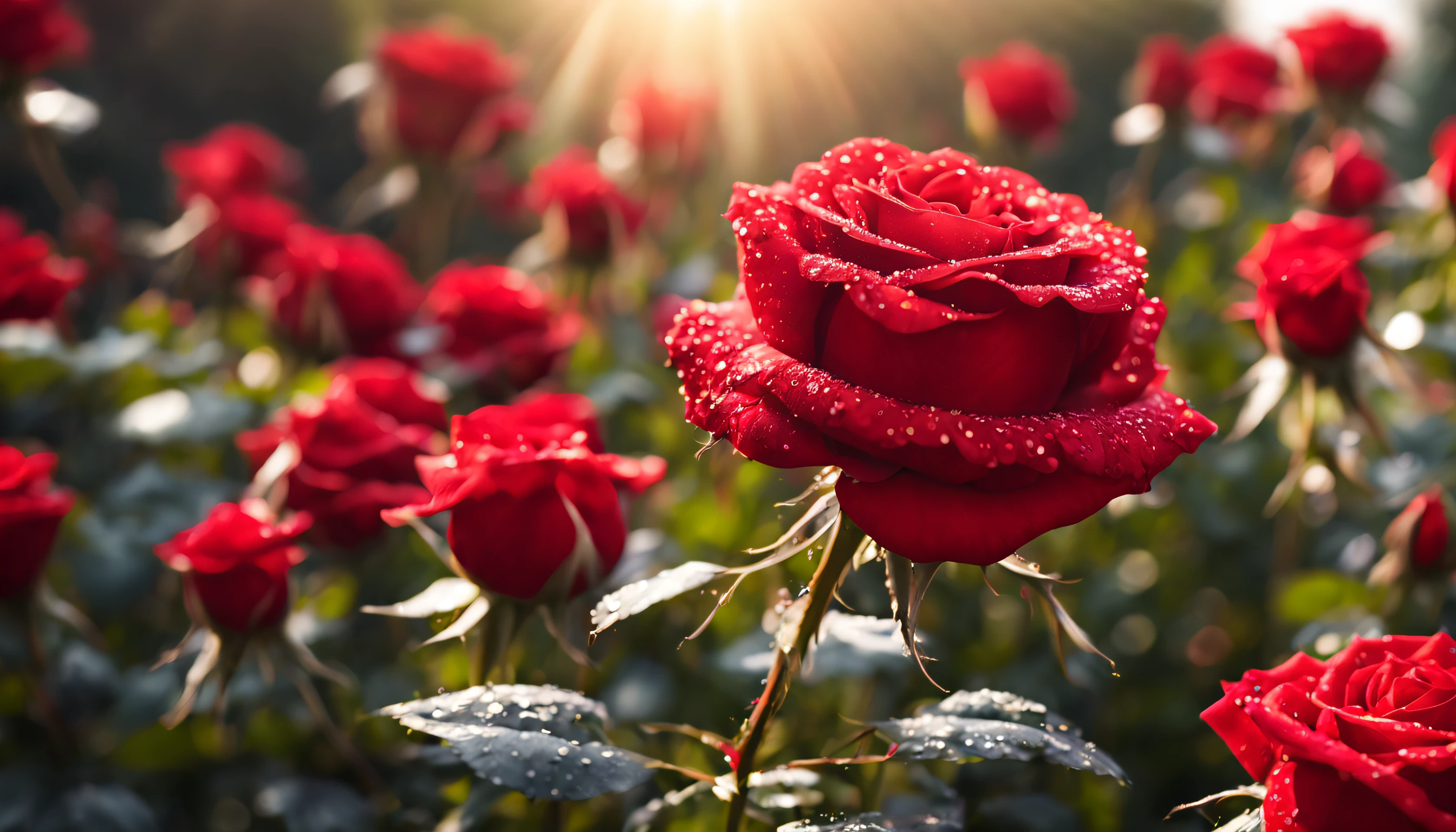 Many red color rose flowers in the garden and sunlight with bokeh, dew drops on flower petals (masterpiece, ultra quality, high resolution, 8k, intricate: 1.2), (masterpiece), (best quality:1)