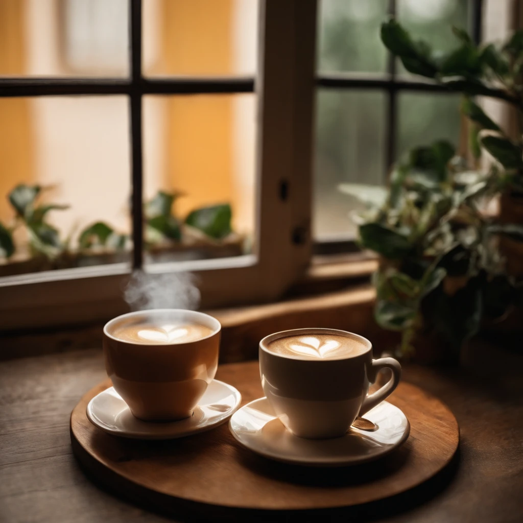 A cup of coffee with warm milk on a table inside a house with a window for a cold atmosphere outside , And next to the cup is a glass of milk , And steam comes out of the mag