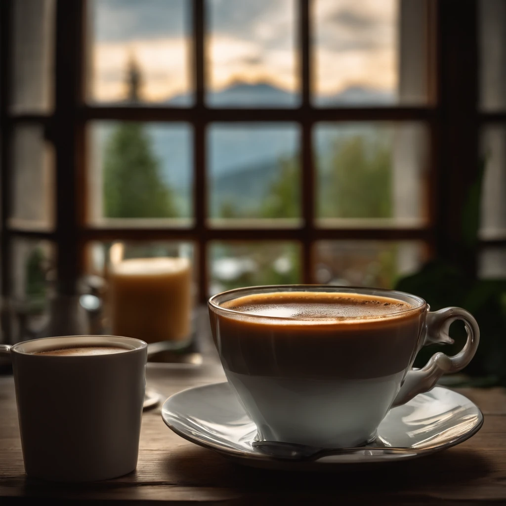 A cup of coffee with warm milk on a table inside a house with a window for a cold atmosphere outside , And next to the cup is a glass of milk , And steam comes out of the mag