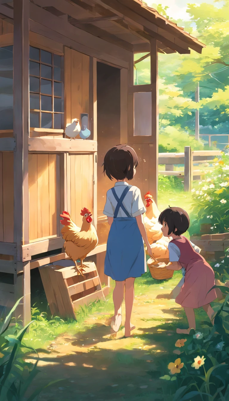 The children are collecting eggs from the chicken coop.