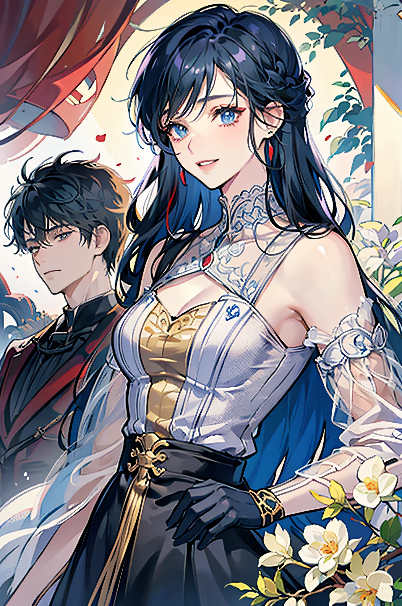 The first is a young man with red hair drawn in detail.,The second is a woman with blue hair drawn in detail,The third is a blonde woman depicted in detail,The fourth is a man with black hair drawn in detail.,a smile,rainboweffect,Detailed background,