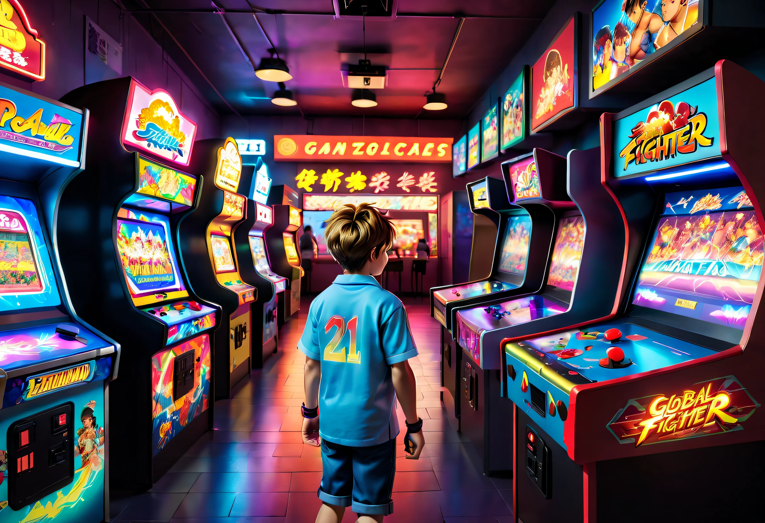 ((tmasterpiece)),((best qualtiy)),((The is very detailed:1.3)), Boys and girls in the popular arcade arcades of the 90s, Play Street Fighter fighting game with passion, Rooms with arcades and neon lights , neonlight,They stand in front of an arcade machine with a color display, Showcase the game's exciting visuals. There is a strong sense of nostalgia in the air. The arcades are brightly lit, The walls are decorated with classic game posters and three-dimensional models of game characters, The little boy holds the joystick of the arcade, Manipulate his character quickly and skillfully, Gorgeous combinations and skills are displayed on the screen, (Fang, Anime style, Wide shot, Sideways, 8K, Super detail, ccurate, Best quality, Anatomically correct, A high resolution, Bright colors,Global illumination)
