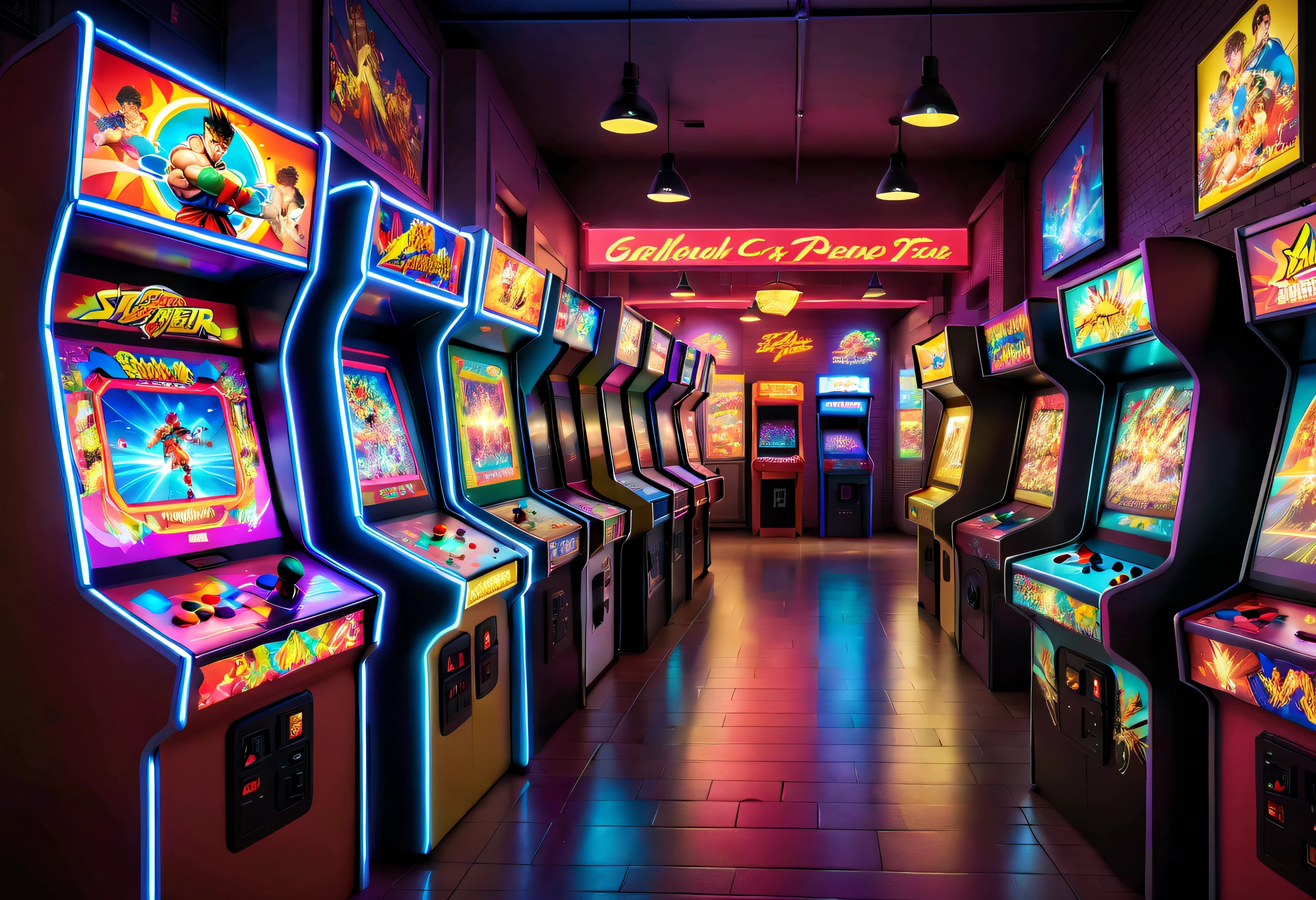 ((tmasterpiece)),((best qualtiy)),((The is very detailed:1.3)), Boys and girls in the popular arcade arcades of the 90s, Play Street Fighter fighting game with passion, Rooms with arcades and neon lights , neonlight,They stand in front of an arcade machine with a color display, Showcase the game's exciting visuals. There is a strong sense of nostalgia in the air. The arcades are brightly lit, The walls are decorated with classic game posters and three-dimensional models of game characters, The holds the joystick of the arcade, Manipulate his character quickly and skillfully, Gorgeous combinations and skills are displayed on the screen, (Fang, Anime style, Wide shot, Sideways, 8K, Super detail, ccurate, Best quality, Anatomically correct, A high resolution, Bright colors,Global illumination)