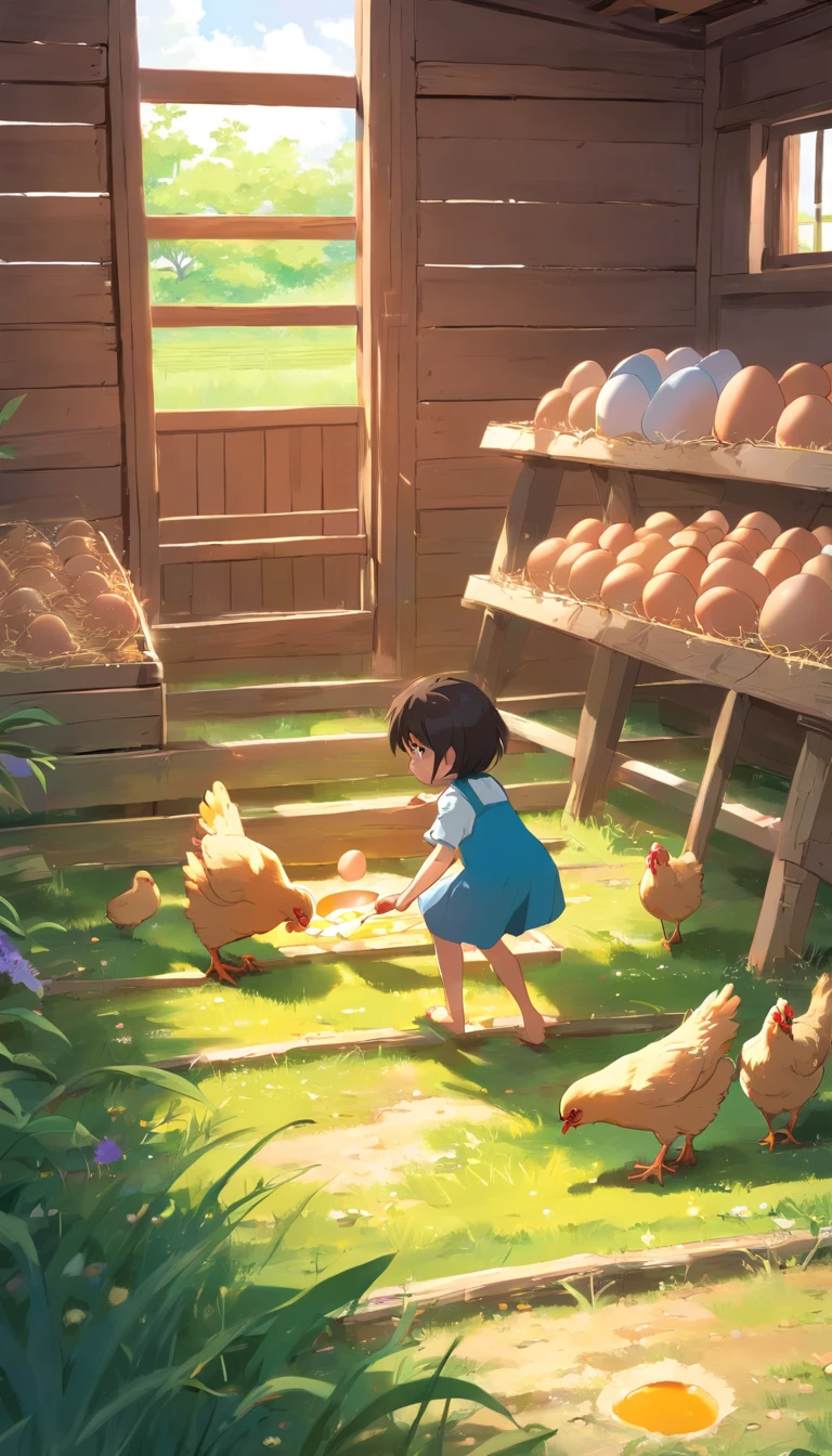 Children collect eggs in the chicken coop.