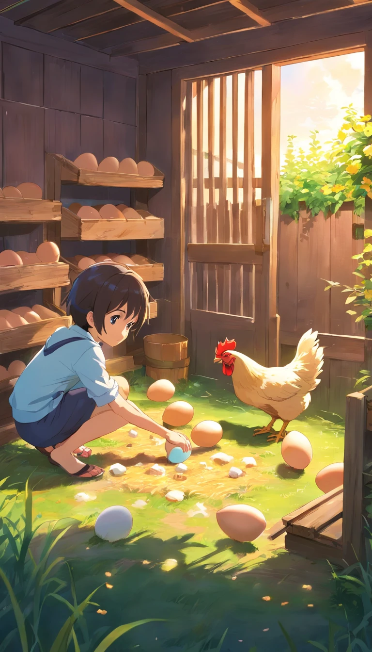 Children collect eggs in the chicken coop.