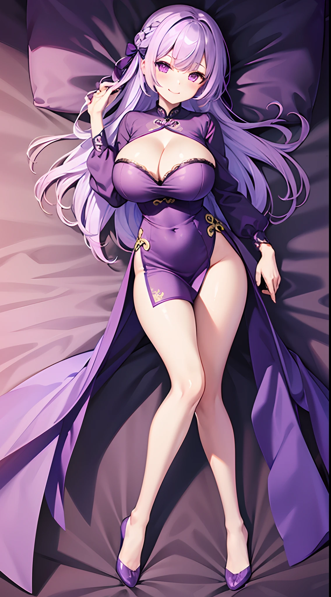 1 girl, game CG, short purple cheongsam, cleavage visible, hair ribbon, gigantic breasts, light purple hair, long hair, french braid, purple eyes, smile, dakimakura, full body,