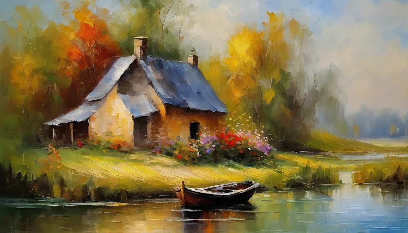 There is an old cottage by the river, Fishing boats near the water hut, ((Ducklings swim near the boat)), Flowers bloom next to the cottage, An old man smokes,Sit in front of the cabin. Masterpiece works of art.